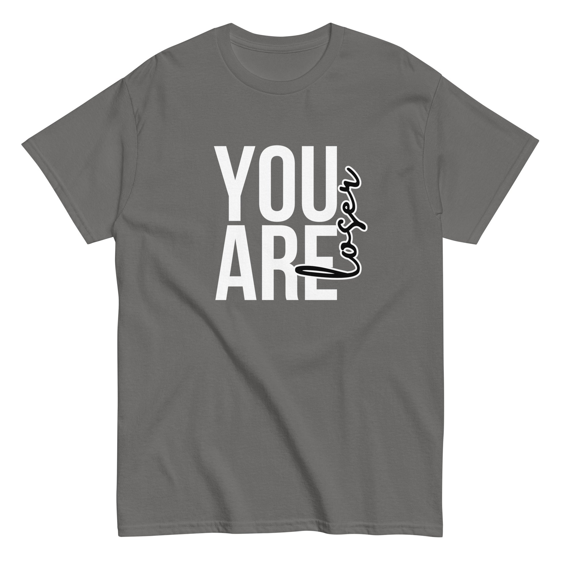 The black “You Are Loser T-Shirt” by FunnyDripStore features bold white YOU ARE text with “loser” in playful cursive overlapping—a cheeky, uplifting take on classic funny tees.