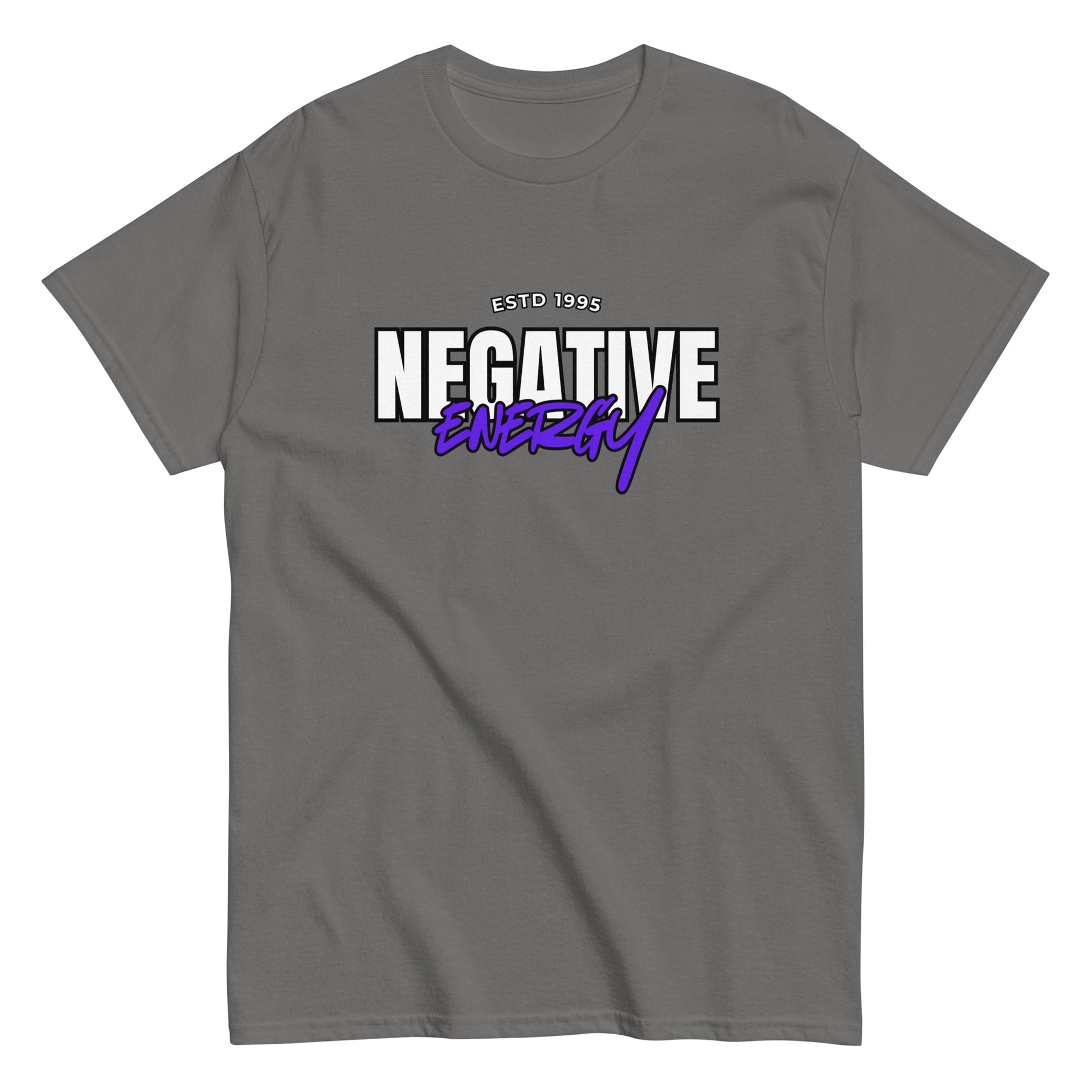The Negative Energy T-Shirt by FunnyDripStore is a white tee featuring bold black and purple ESTD 1996 NEGATIVE ENERGY lettering—perfect for fans of witty, playful merch.
