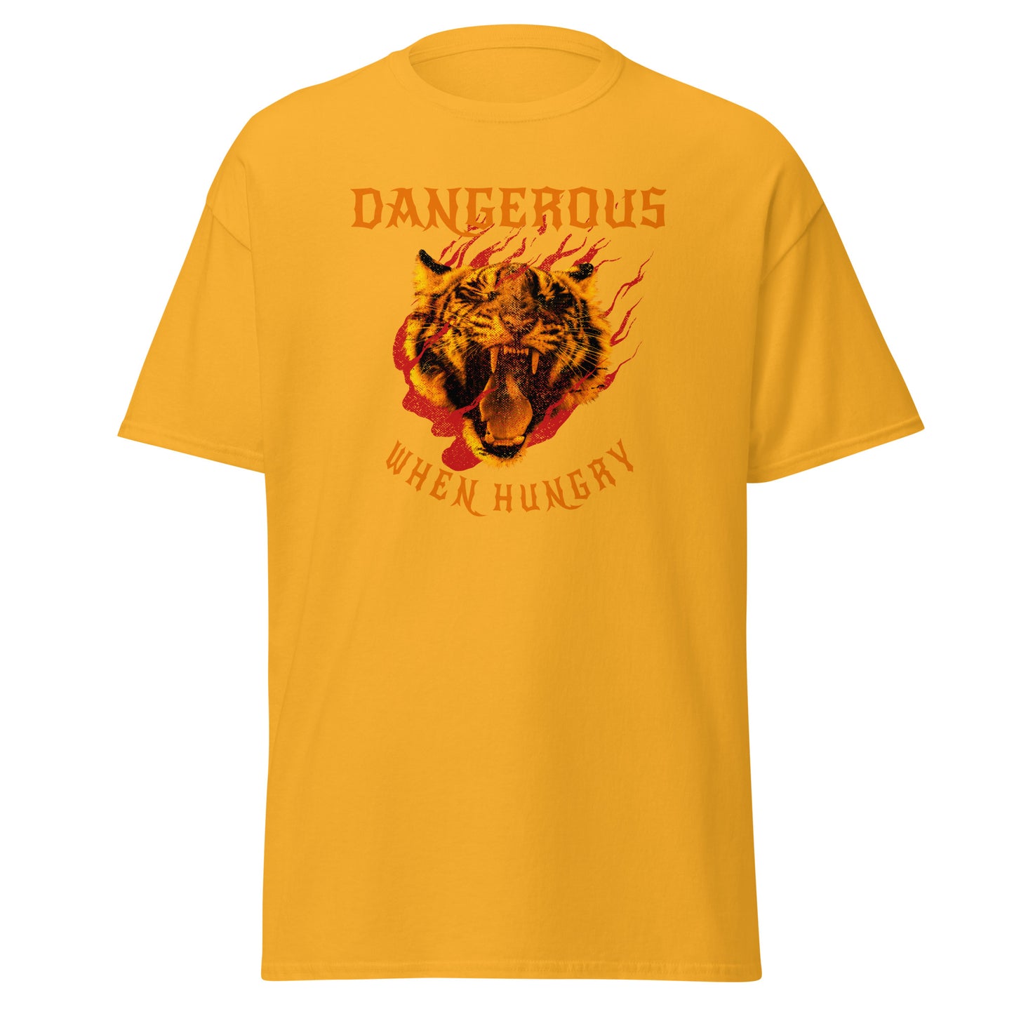 The Dangerous When Hungry T-Shirt by FunnyDripStore features a bold tiger head with flames and yellow-orange text reading DANGEROUS above and WHEN HUNGRY below—perfect for anyone who loves funny, eye-catching style.