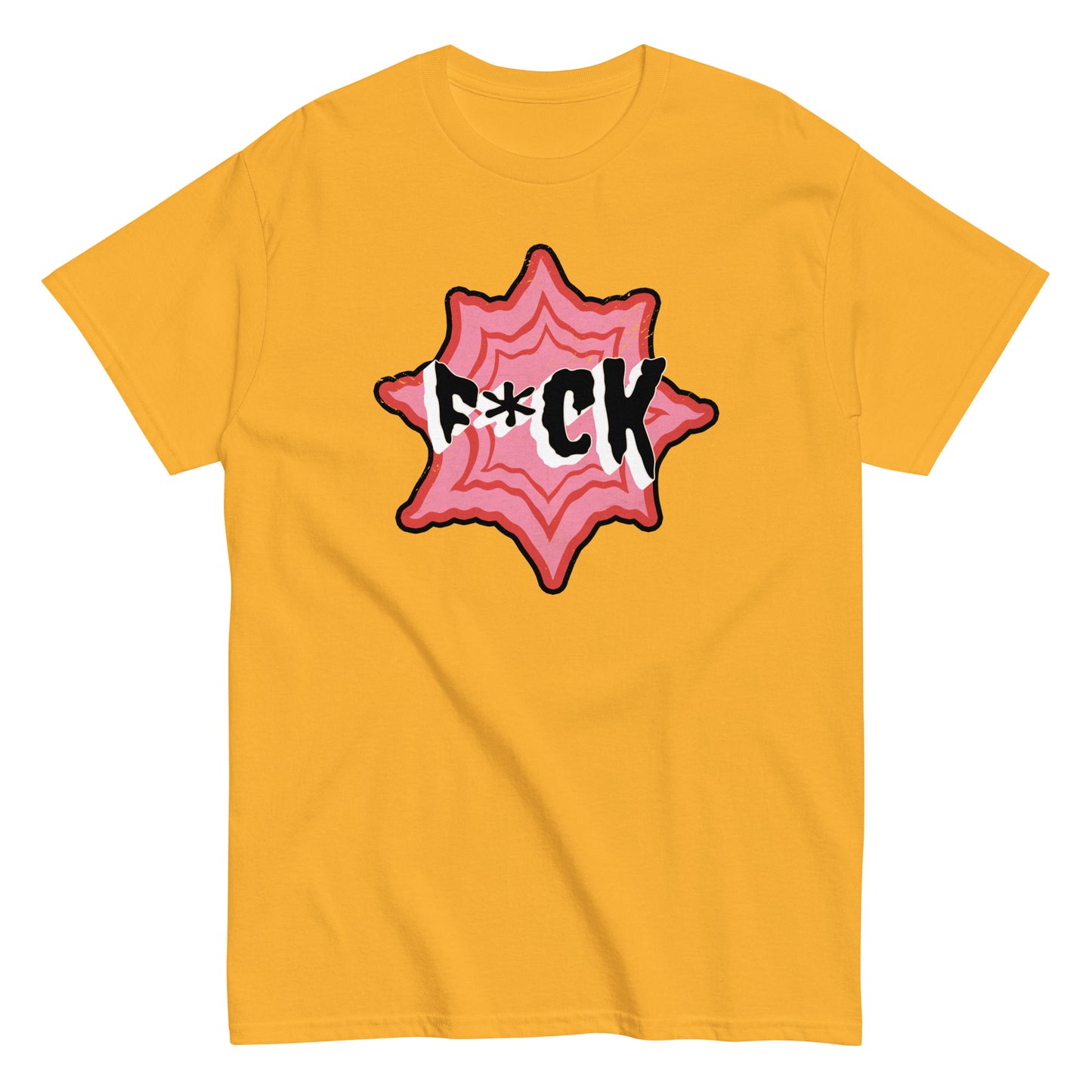 The F*ck T-Shirt by FunnyDripStore is a black tee with F*CK in bold black and white letters, a red asterisk as the U, all centered in a jagged red and pink starburst—a standout funny merch item.