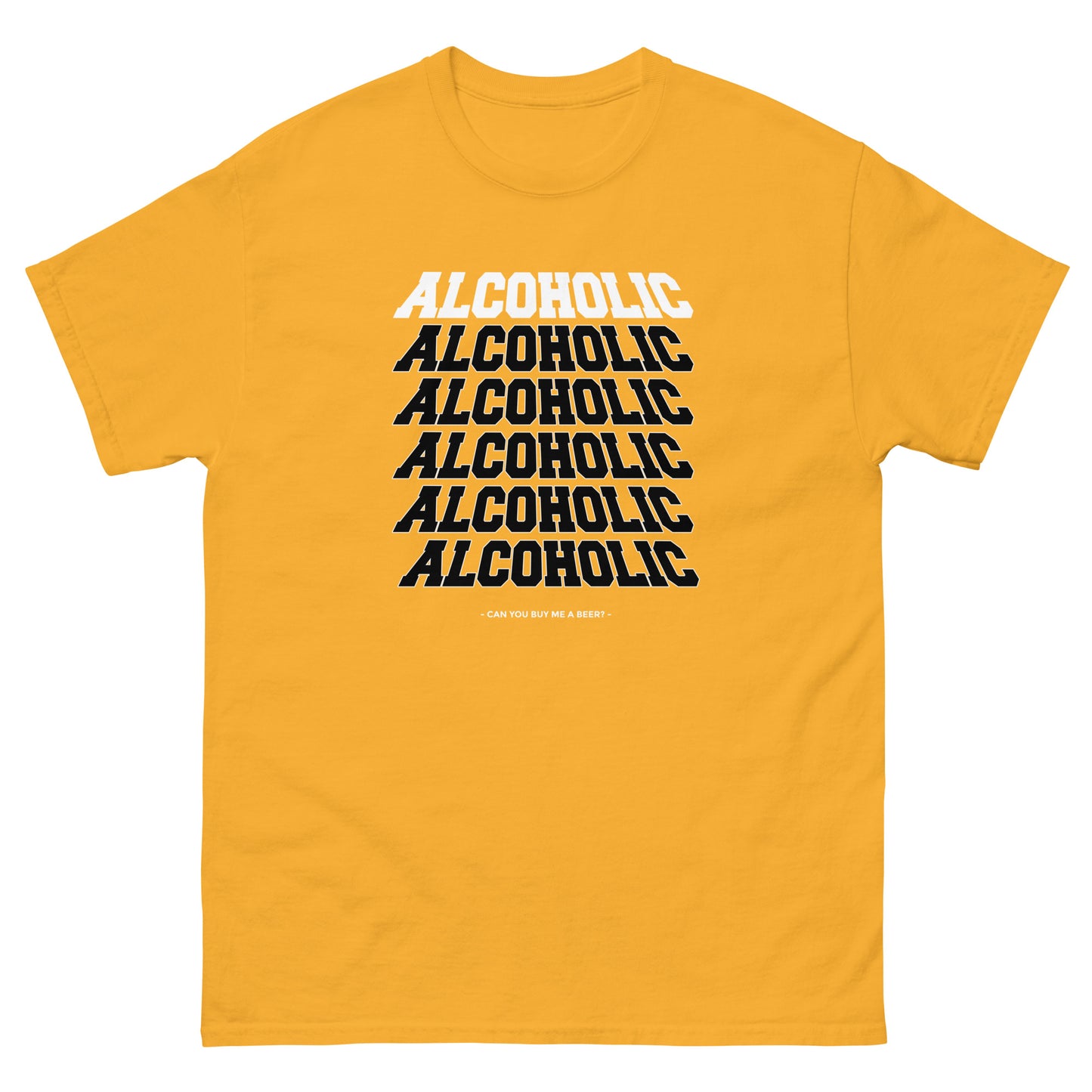 The Alcoholic T-Shirt by FunnyDripStore features “ALCOHOLIC” stacked five times in bold white on black, with “CAN YOU BUY ME A BEER?” below. A hilarious and unique tee for anyone who loves funny merch!.
