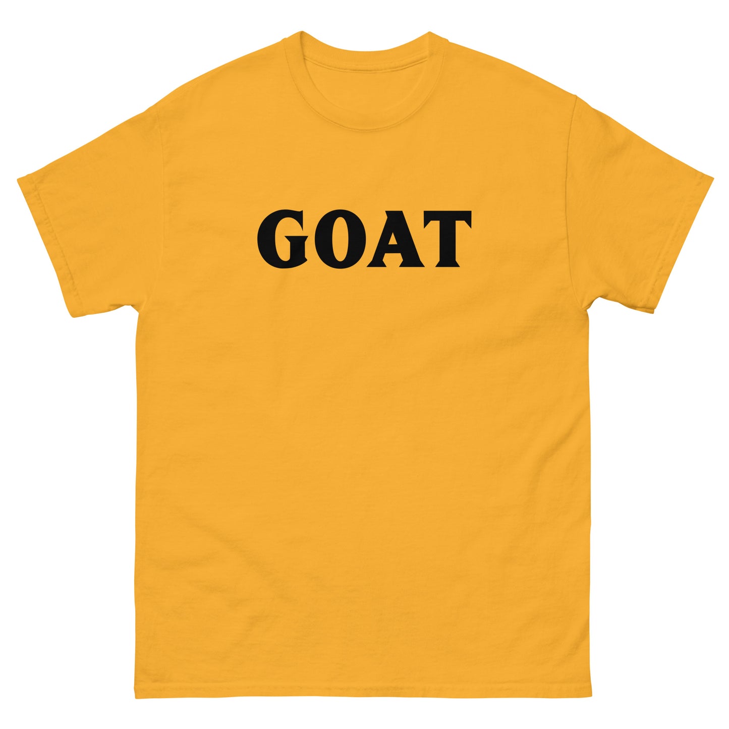 The GOAT T-Shirt by FunnyDripStore is a plain white tee with GOAT in bold, black letters across the chest—an ideal meme shirt for fans of funny clothing.