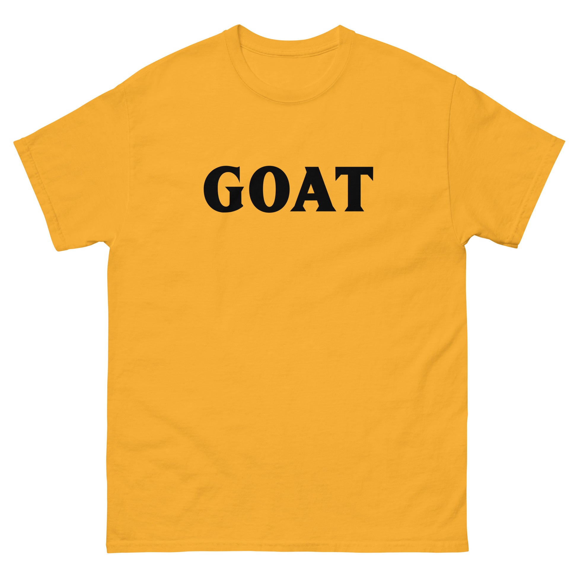 The GOAT T-Shirt by FunnyDripStore is a plain white tee with GOAT in bold, black letters across the chest—an ideal meme shirt for fans of funny clothing.