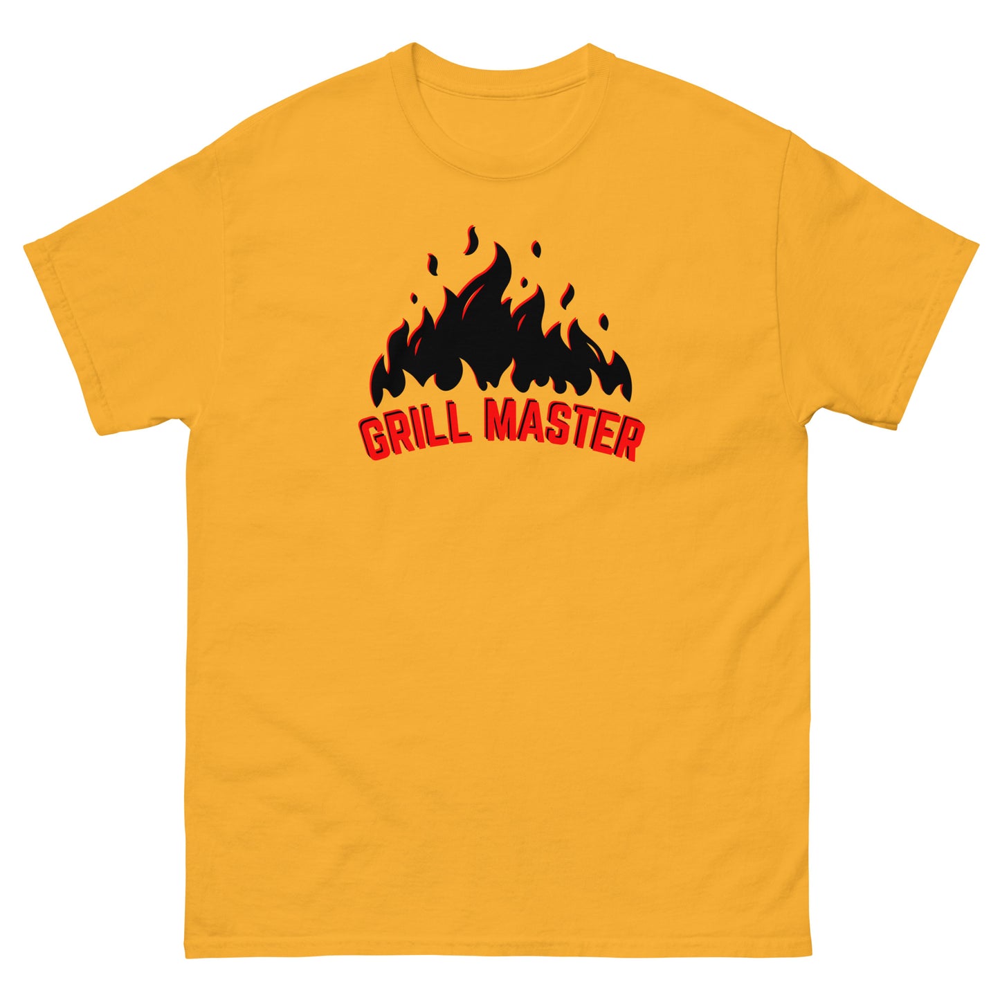 The Grill Master T-Shirt by FunnyDripStore: a yellow tee with black flames above bold red GRILL MASTER text—funny merch perfect for any BBQ lover.