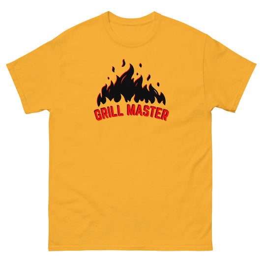 The Grill Master T-Shirt by FunnyDripStore: a yellow tee with black flames above bold red GRILL MASTER text—funny merch perfect for any BBQ lover.