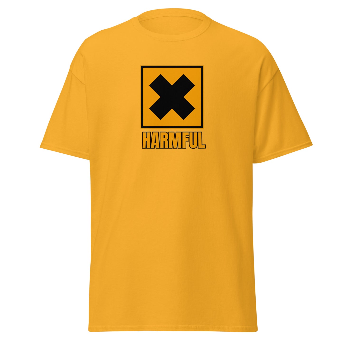 The Harmful T-Shirt by FunnyDripStore is a yellow meme shirt with a bold black X in a square above HARMFUL in black letters on the chest.