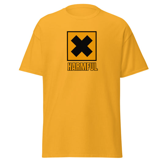 The Harmful T-Shirt by FunnyDripStore is a yellow meme shirt with a bold black X in a square above HARMFUL in black letters on the chest.