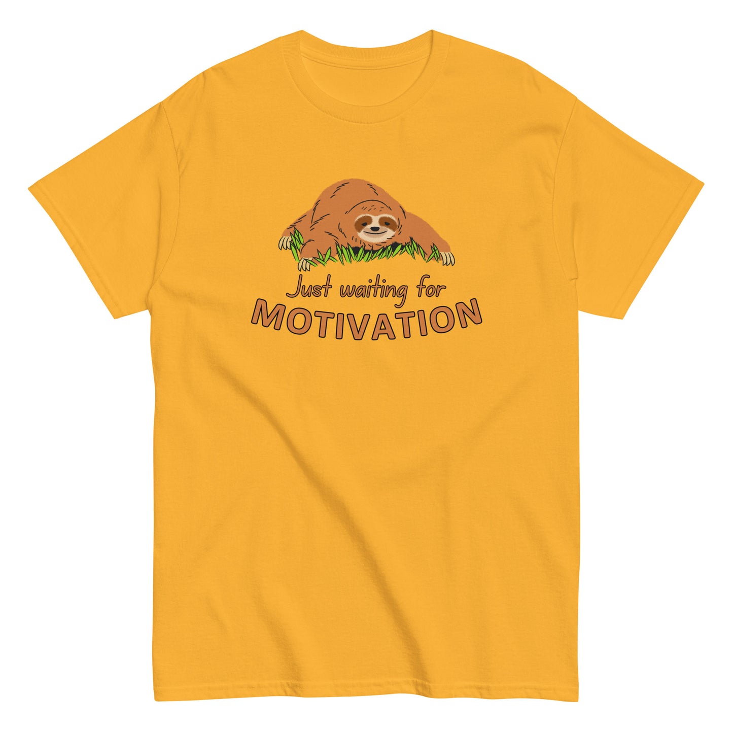 The Just Waiting For Motivation T-Shirt by FunnyDripStore features a smiling sloth on grass above bold orange and yellow text—a perfect choice for fans of funny apparel.
