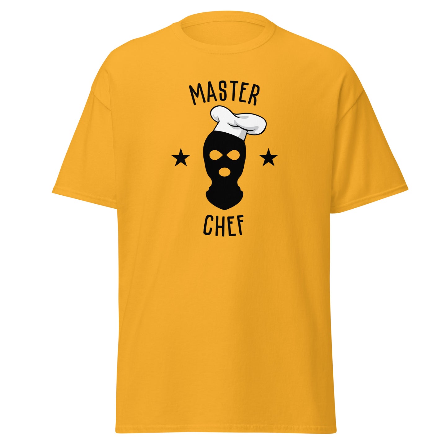 The Master Chef T-Shirt by FunnyDripStore features a black ski mask in a chef’s hat, two black stars, and bold “MASTER CHEF” text above and below the graphic.