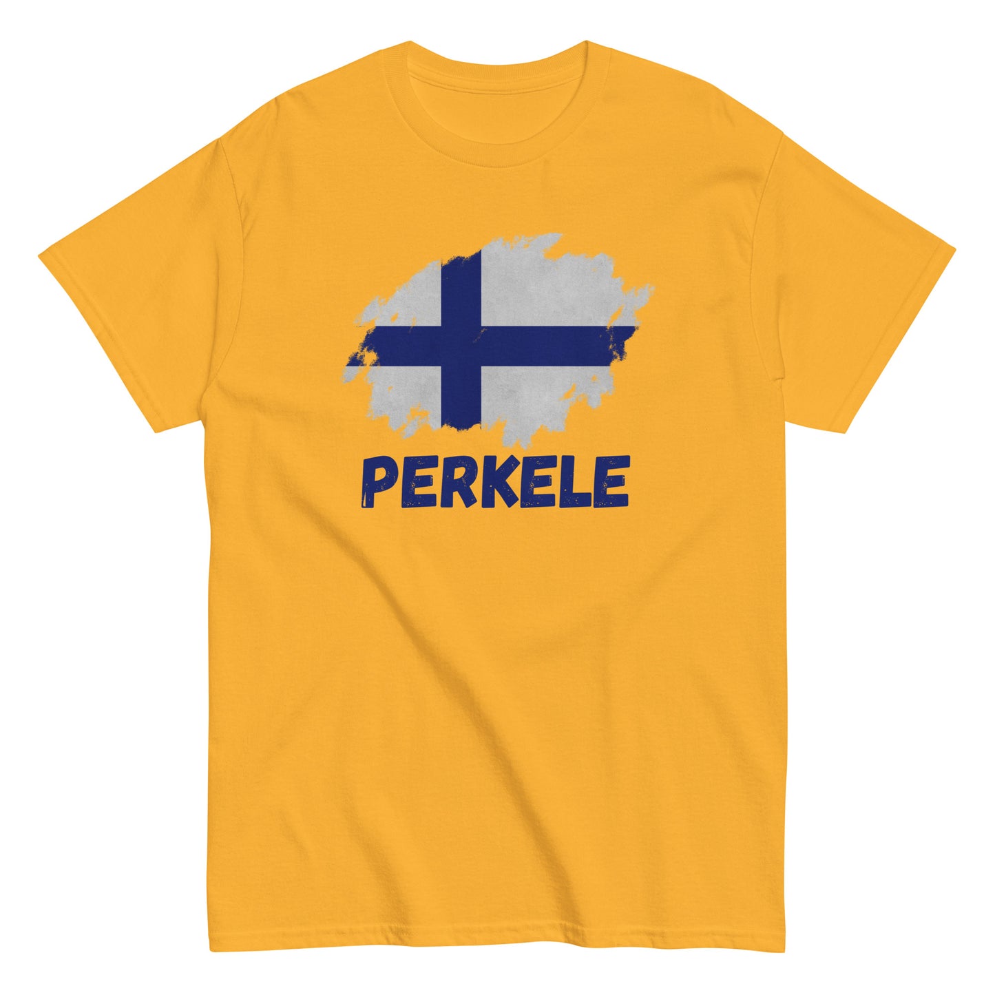 The Perkele T-Shirt by FunnyDripStore features a white design with a brushstroke Finnish flag above bold blue PERKELE text—a unique, funny tee for fans of quirky merch.