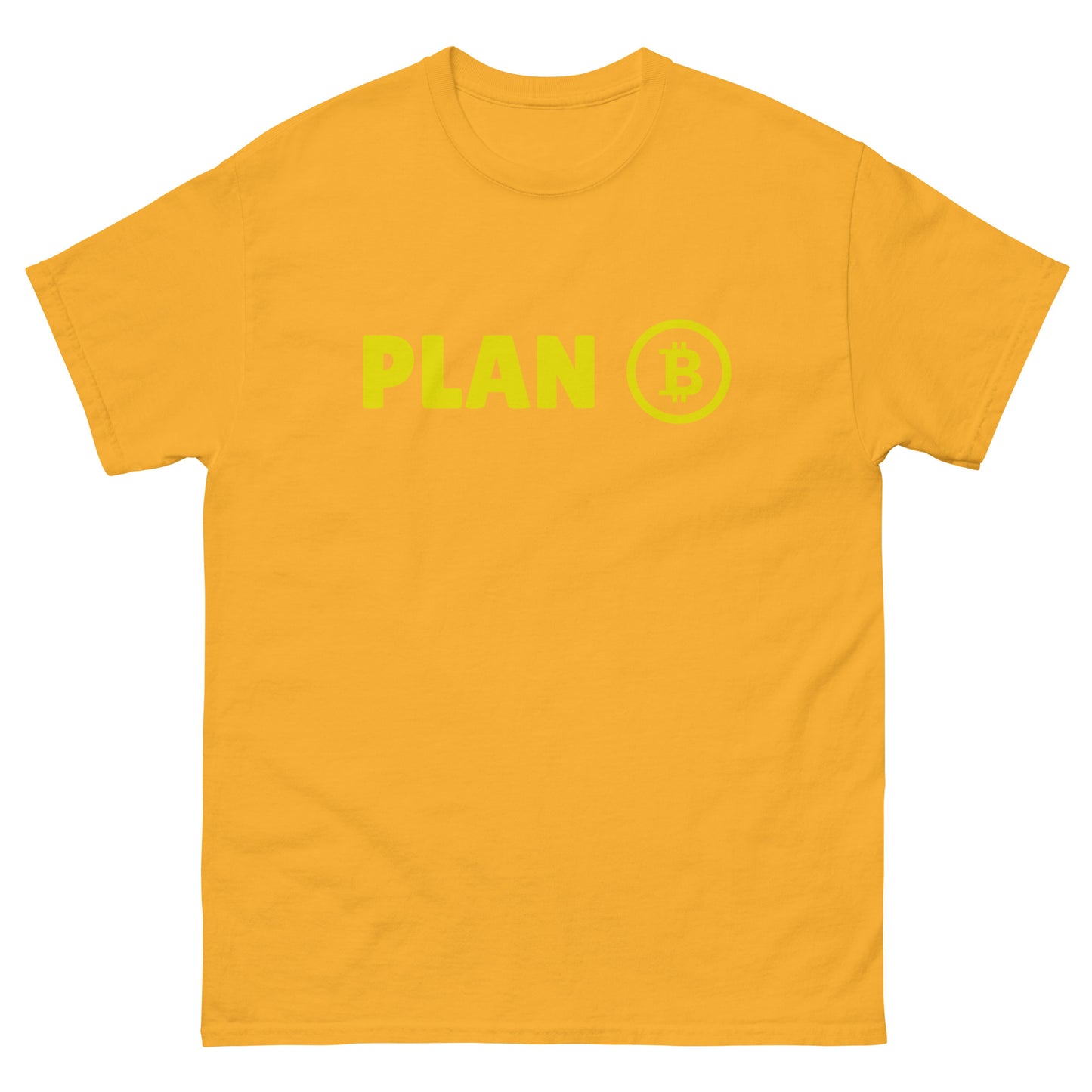 The Plan B T-Shirt from FunnyDripStore features PLAN in bold yellow letters and a yellow Bitcoin symbol inside a circle on the chest—a fun meme shirt perfect for fans of funny clothing.