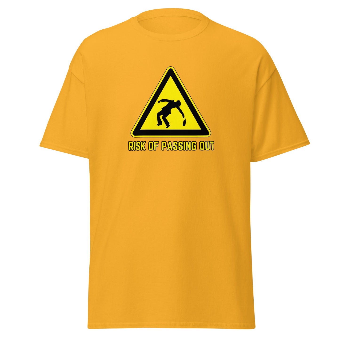 The Risk Of Passing Out T-Shirt by FunnyDripStore is a black tee with a yellow warning sign and “RISK OF PASSING OUT” text—a perfect meme shirt for fans of bold, humorous style.
