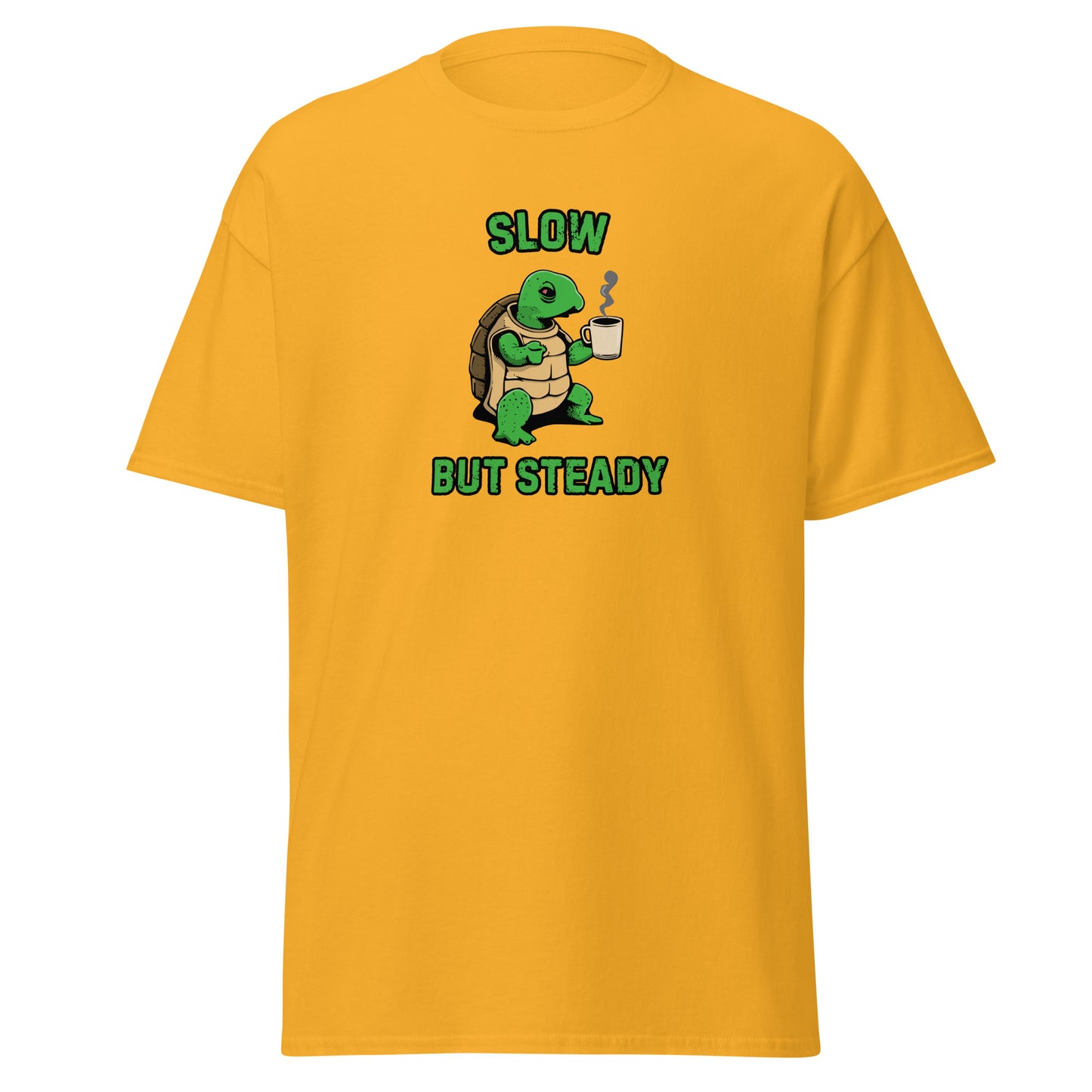 The FunnyDripStore Slow But Steady T-Shirt is a black tee with a cartoon turtle holding a coffee mug and SLOW above and BUT STEADY below in green—perfect meme shirt for coffee lovers.