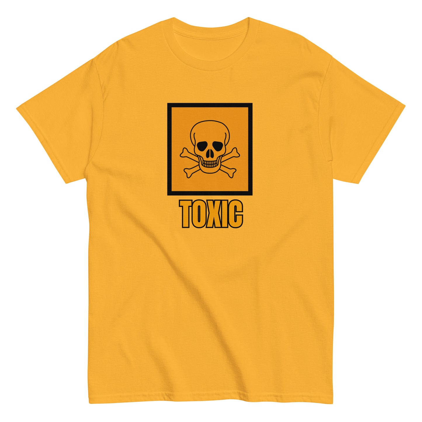 The FunnyDripStore Toxic T-Shirt features a bold yellow square with a black skull and crossbones above TOXIC in yellow on the front. This black meme shirt is perfect for those who love humorous clothing.
