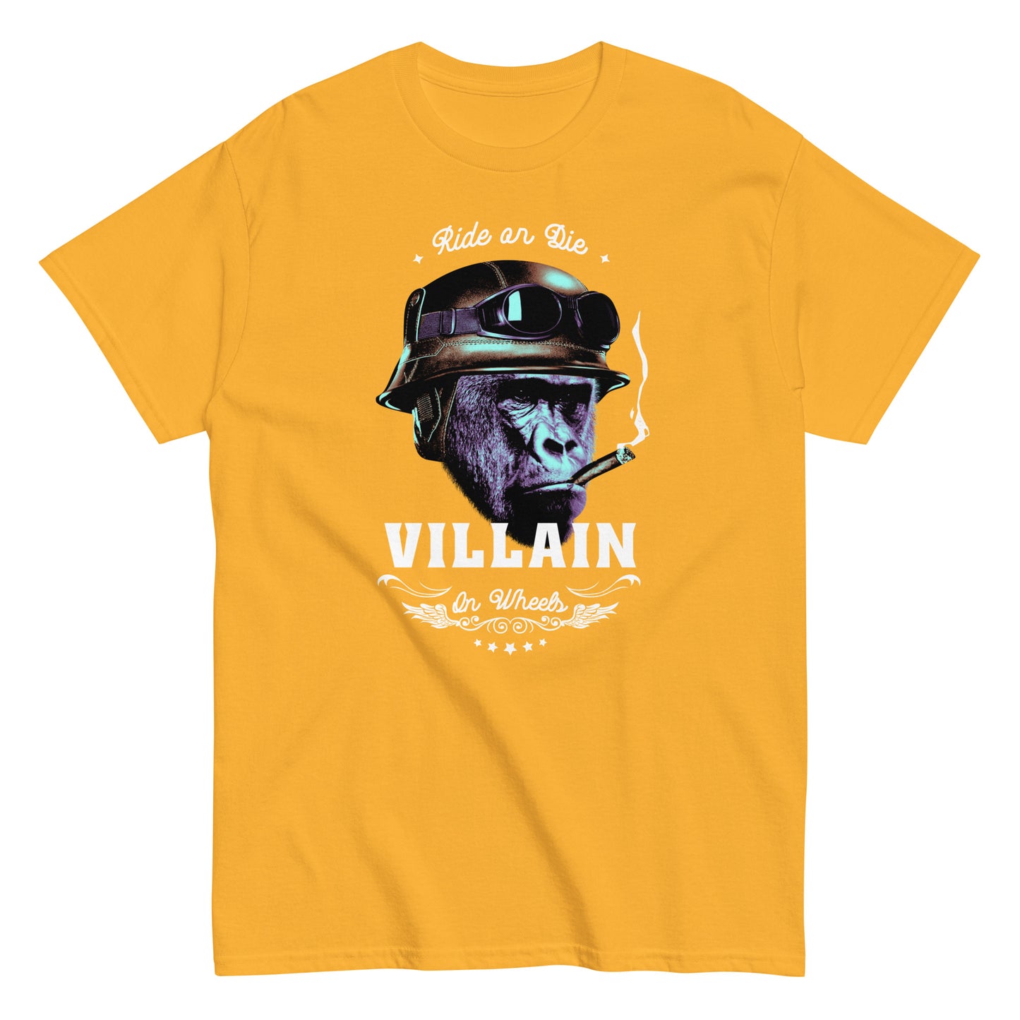 The Villain T-Shirt by FunnyDripStore features a gorilla in a helmet and goggles, smoking a cigarette, with Ride or Die above and Villain on Wheels below. This bold black tee is perfect for fans of unique, funny clothing.