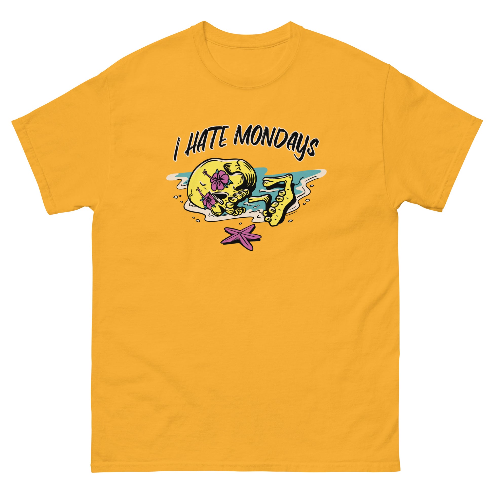 The FunnyDripStore I Hate Mondays T-Shirt in white features a cartoon skeleton lounging on the beach with sunglasses, drink, and starfish, plus bold I HATE MONDAYS text—a perfect funny merch gift.