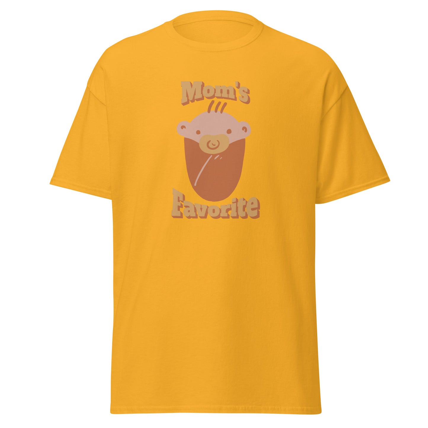 FunnyDripStore’s Moms Favorite T-Shirt in black features a cartoon baby face with a pacifier and “Moms Favorite” text in light brown—a playful, funny tee perfect for anyone who loves to show off their sense of humor!.