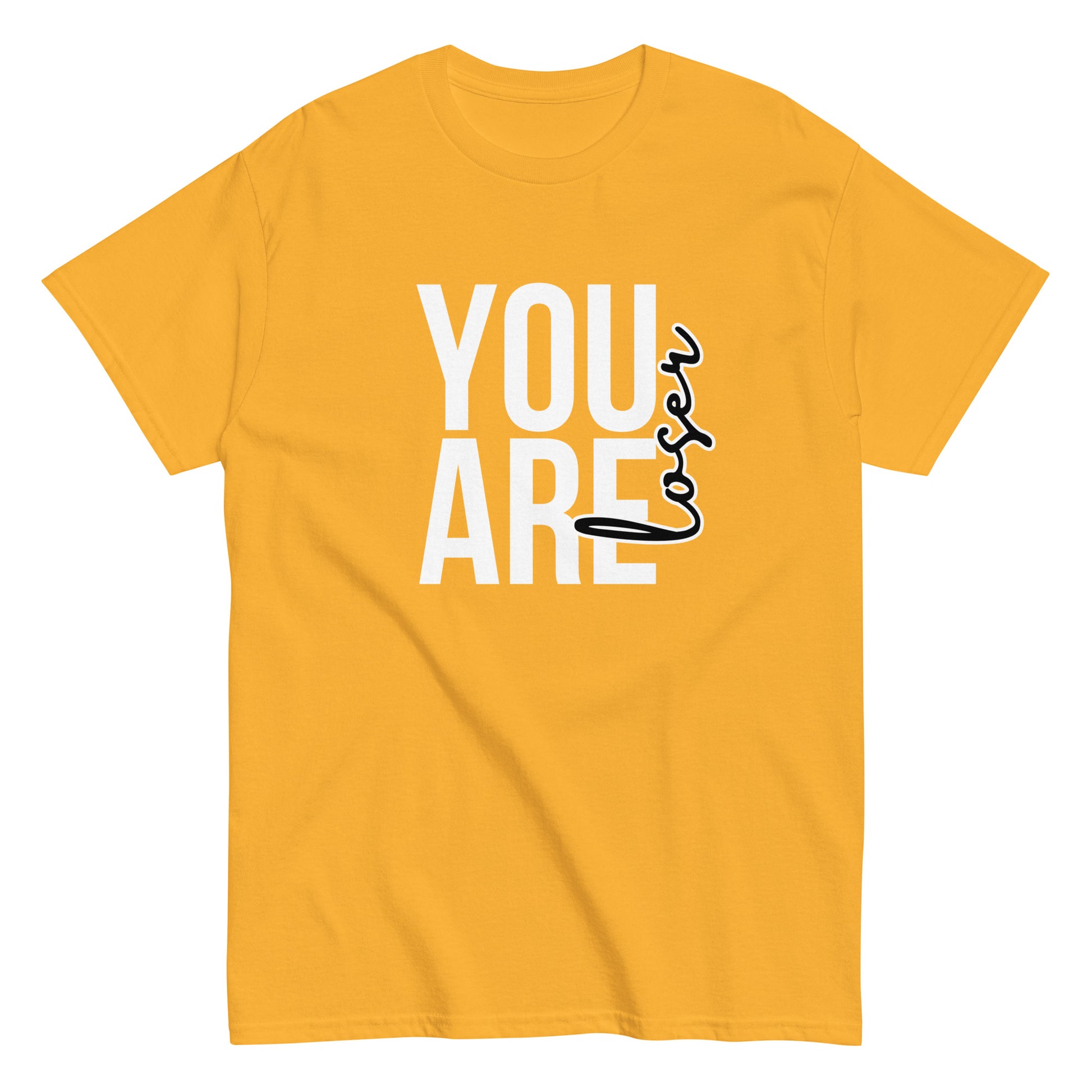 The black “You Are Loser T-Shirt” by FunnyDripStore features bold white YOU ARE text with “loser” in playful cursive overlapping—a cheeky, uplifting take on classic funny tees.