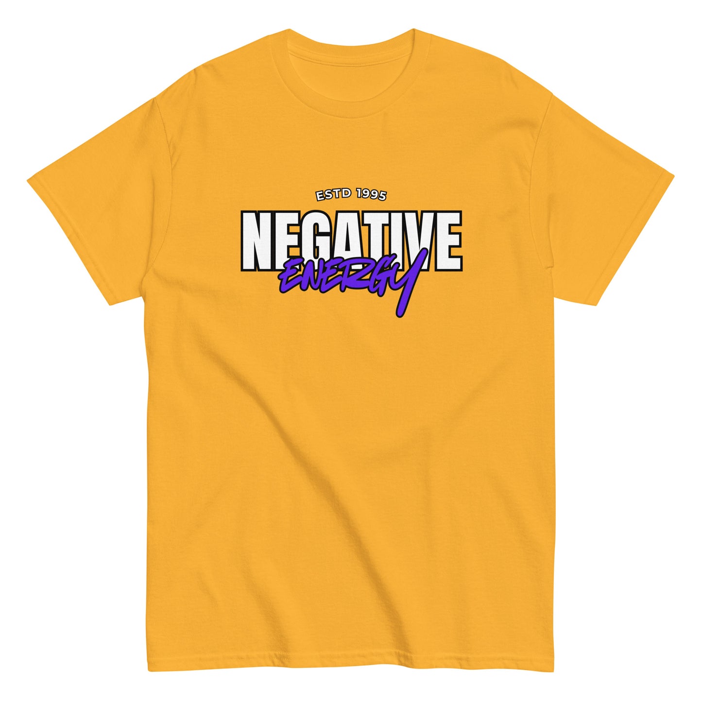 The Negative Energy T-Shirt by FunnyDripStore is a white tee featuring bold black and purple ESTD 1996 NEGATIVE ENERGY lettering—perfect for fans of witty, playful merch.