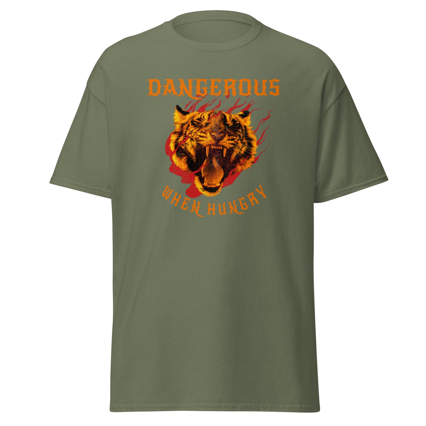 The Dangerous When Hungry T-Shirt by FunnyDripStore features a bold tiger head with flames and yellow-orange text reading DANGEROUS above and WHEN HUNGRY below—perfect for anyone who loves funny, eye-catching style.