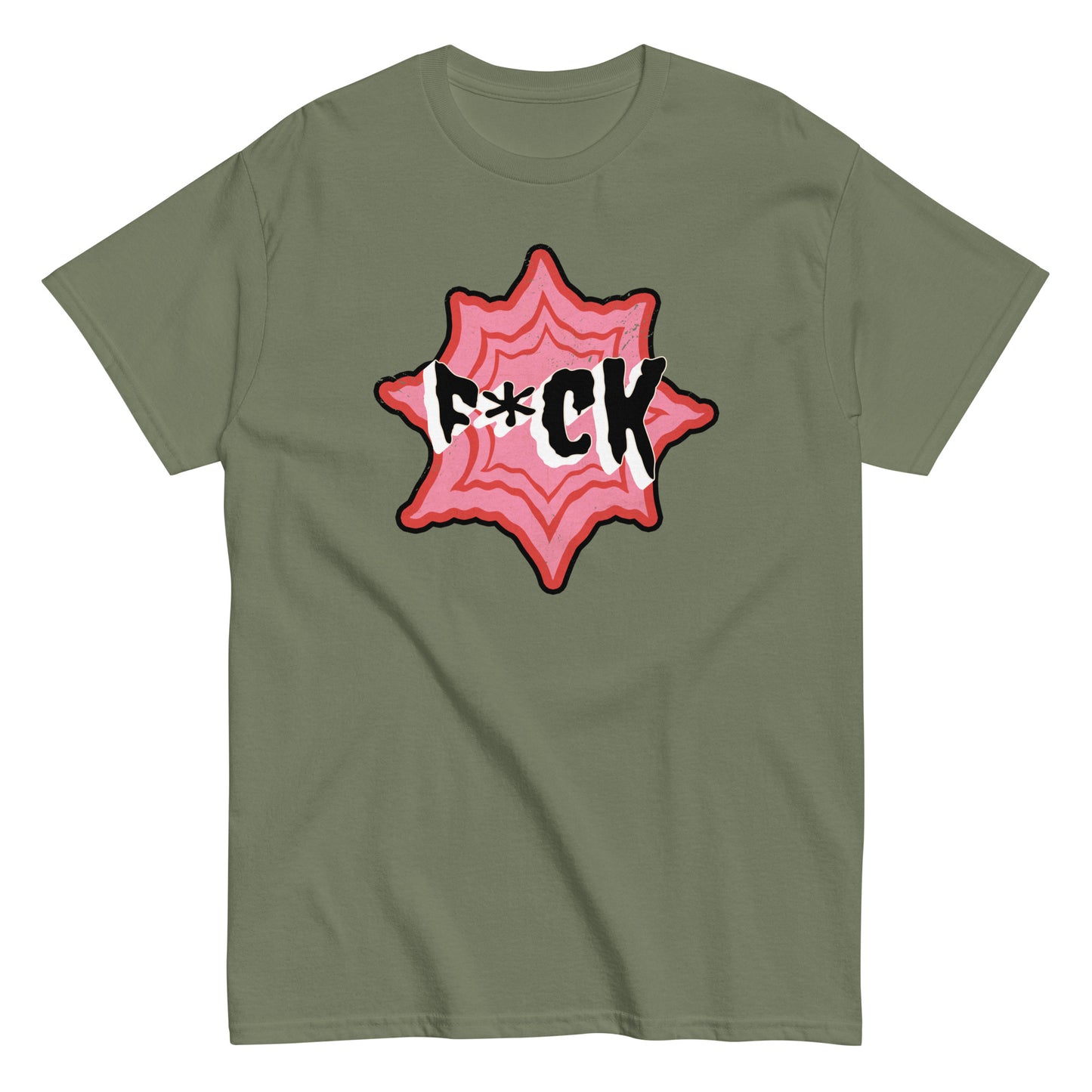 The F*ck T-Shirt by FunnyDripStore is a black tee with F*CK in bold black and white letters, a red asterisk as the U, all centered in a jagged red and pink starburst—a standout funny merch item.