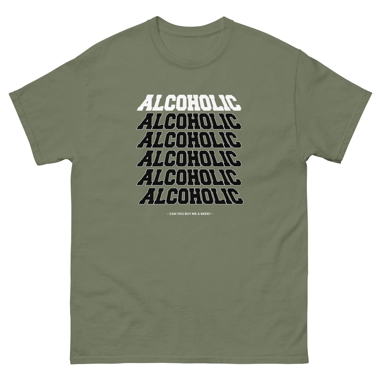 The Alcoholic T-Shirt by FunnyDripStore features “ALCOHOLIC” stacked five times in bold white on black, with “CAN YOU BUY ME A BEER?” below. A hilarious and unique tee for anyone who loves funny merch!.