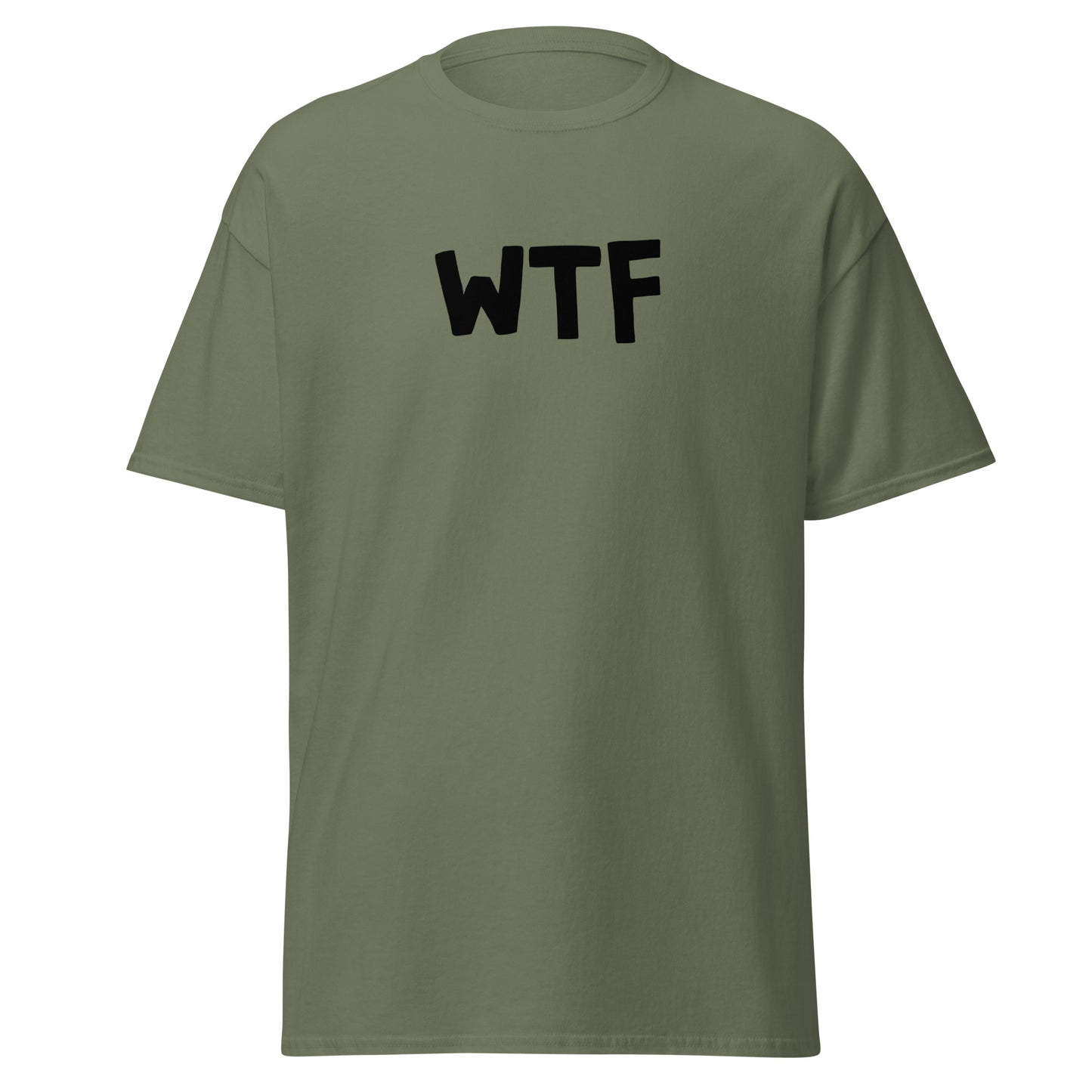 The WTF T-Shirt by FunnyDripStore is a black meme tee with bold, white, cartoon-style WTF lettering—ideal for anyone who loves wearing a funny t-shirt with attitude.