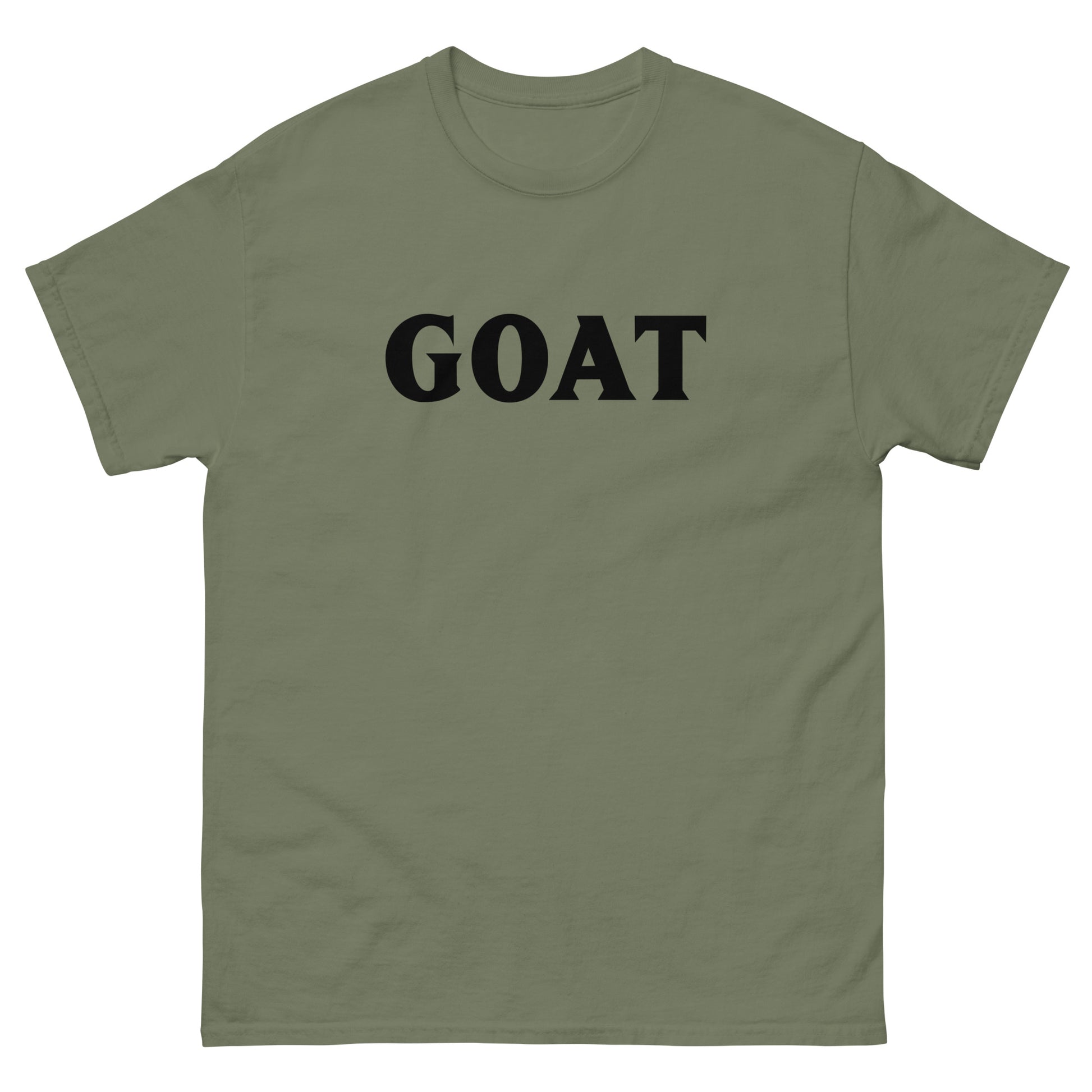 The GOAT T-Shirt by FunnyDripStore is a plain white tee with GOAT in bold, black letters across the chest—an ideal meme shirt for fans of funny clothing.