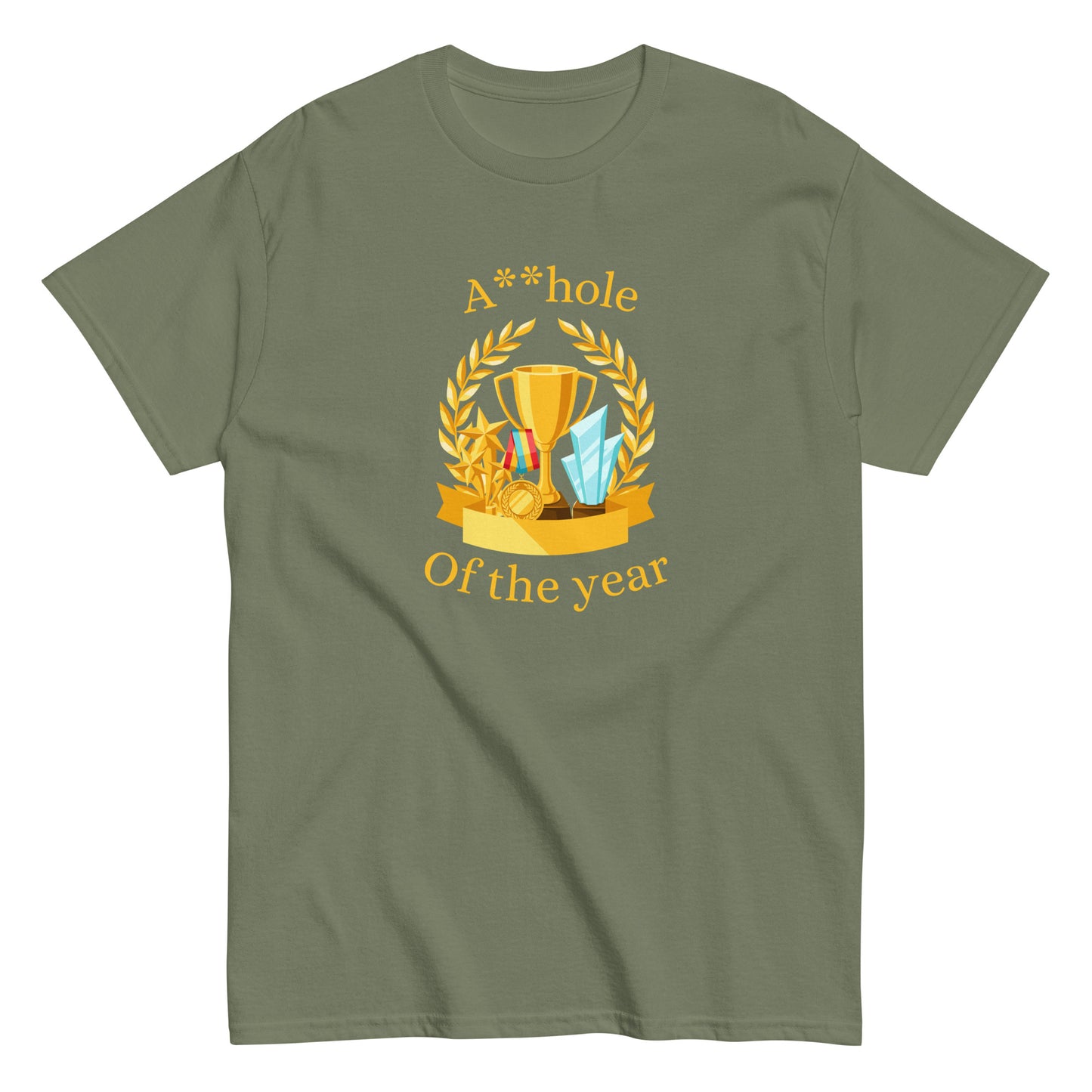 The A**hole Of The Year T-Shirt by FunnyDripStore features a black design with a gold trophy, medals, laurel wreath graphic, and bold yellow text. Perfect funny merch for anyone who loves standout humor.