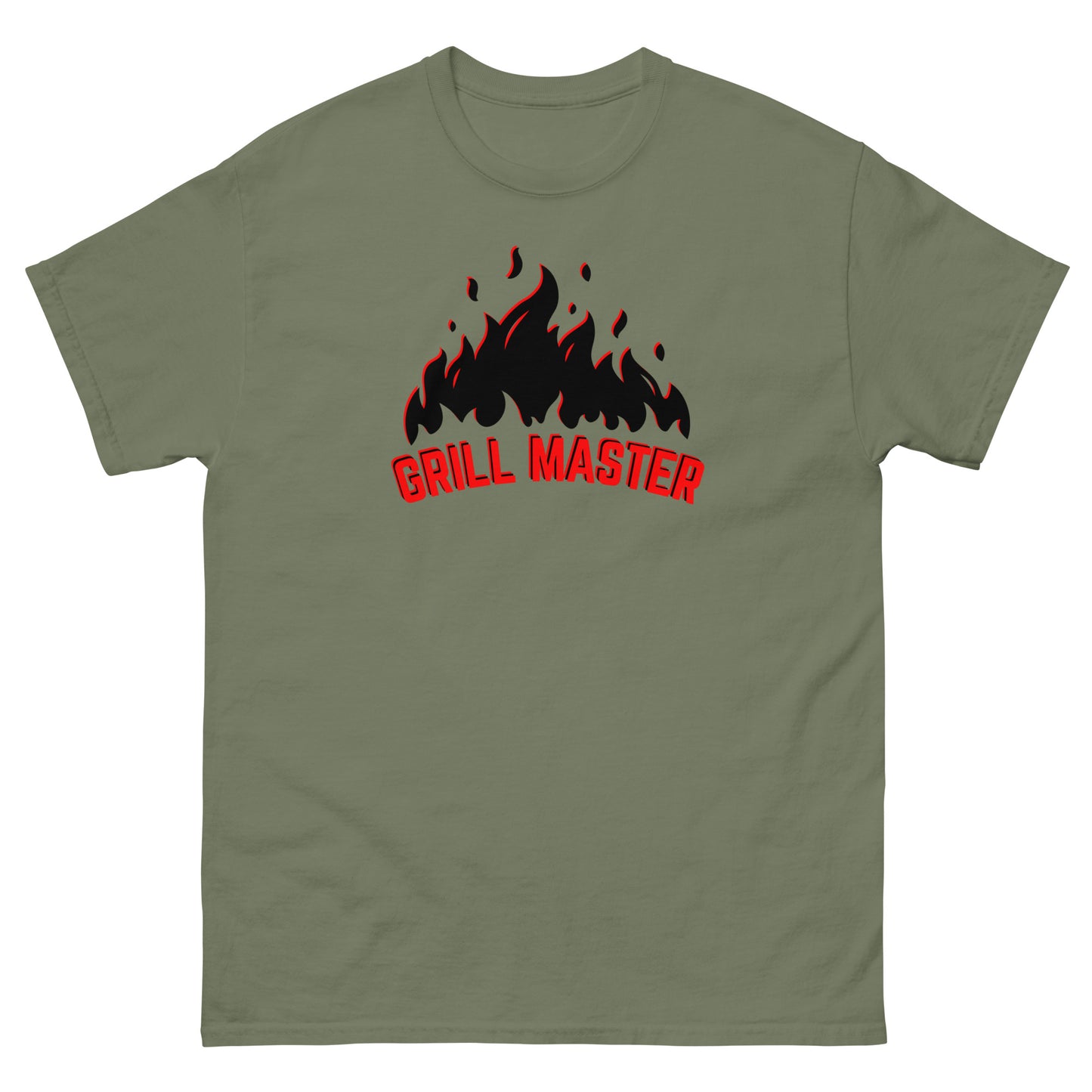 The Grill Master T-Shirt by FunnyDripStore: a yellow tee with black flames above bold red GRILL MASTER text—funny merch perfect for any BBQ lover.