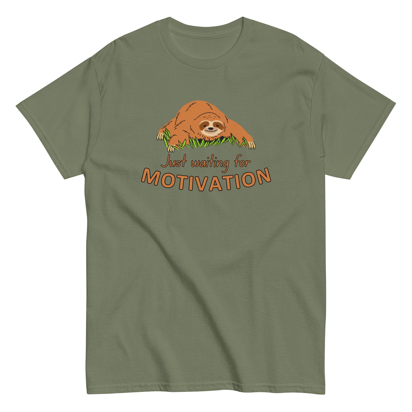 The Just Waiting For Motivation T-Shirt by FunnyDripStore features a smiling sloth on grass above bold orange and yellow text—a perfect choice for fans of funny apparel.