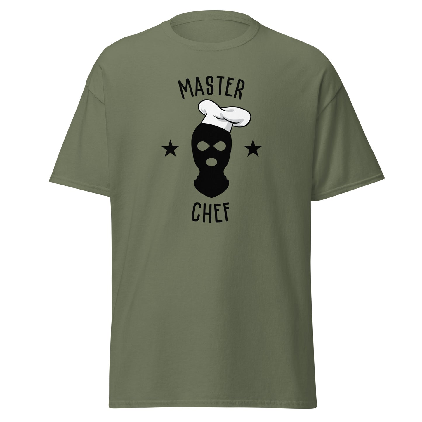 The Master Chef T-Shirt by FunnyDripStore features a black ski mask in a chef’s hat, two black stars, and bold “MASTER CHEF” text above and below the graphic.