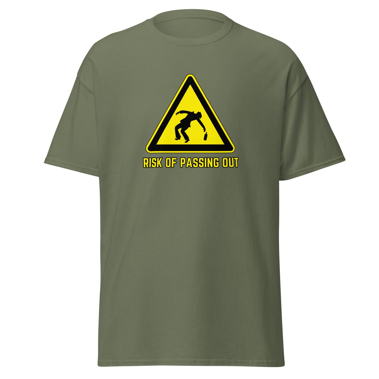 The Risk Of Passing Out T-Shirt by FunnyDripStore is a black tee with a yellow warning sign and “RISK OF PASSING OUT” text—a perfect meme shirt for fans of bold, humorous style.