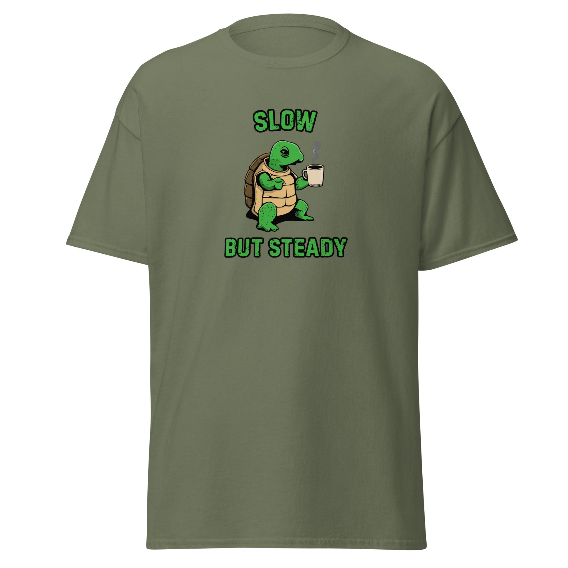 The FunnyDripStore Slow But Steady T-Shirt is a black tee with a cartoon turtle holding a coffee mug and SLOW above and BUT STEADY below in green—perfect meme shirt for coffee lovers.