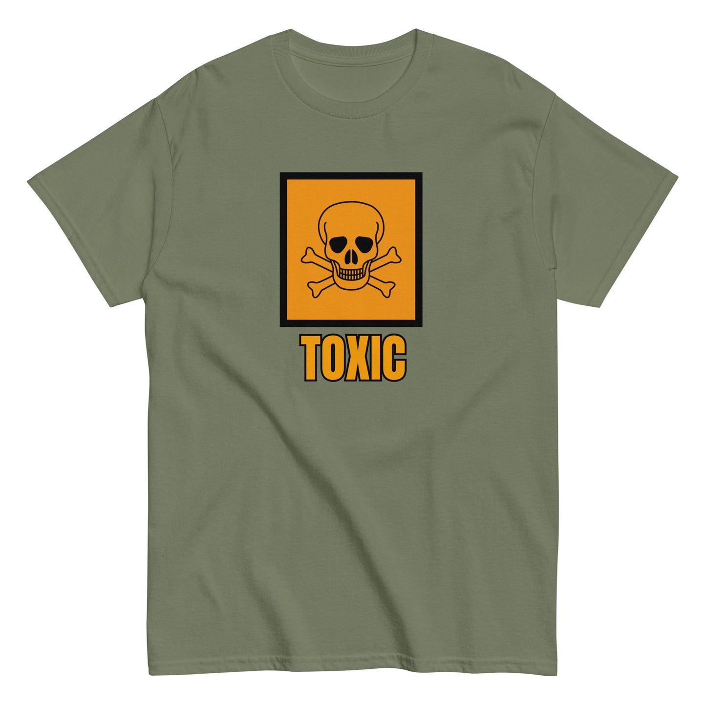 The FunnyDripStore Toxic T-Shirt features a bold yellow square with a black skull and crossbones above TOXIC in yellow on the front. This black meme shirt is perfect for those who love humorous clothing.