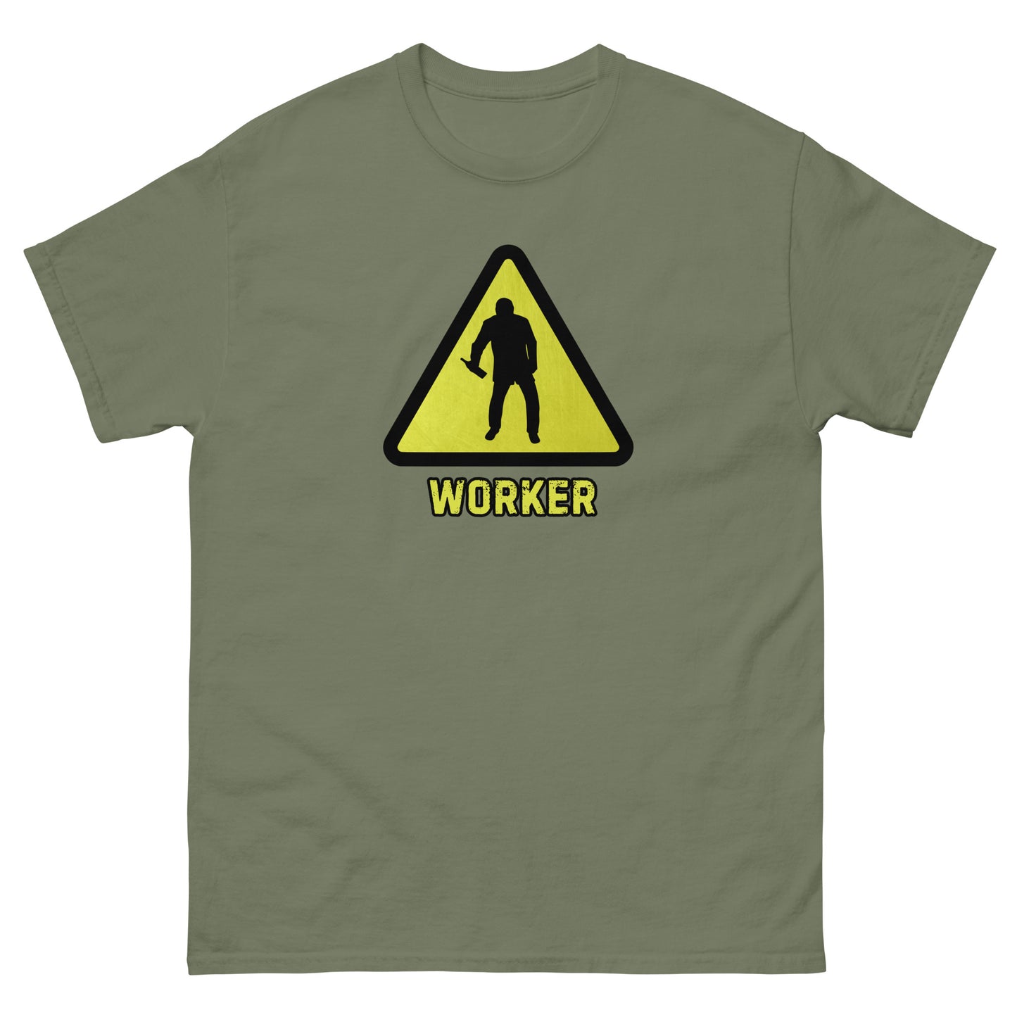 The Worker T-Shirt by FunnyDripStore features a yellow triangular warning sign with a worker silhouette and bold yellow WORKER text on black—a funny shirt for anyone who enjoys meme apparel and humorous graphic tees.