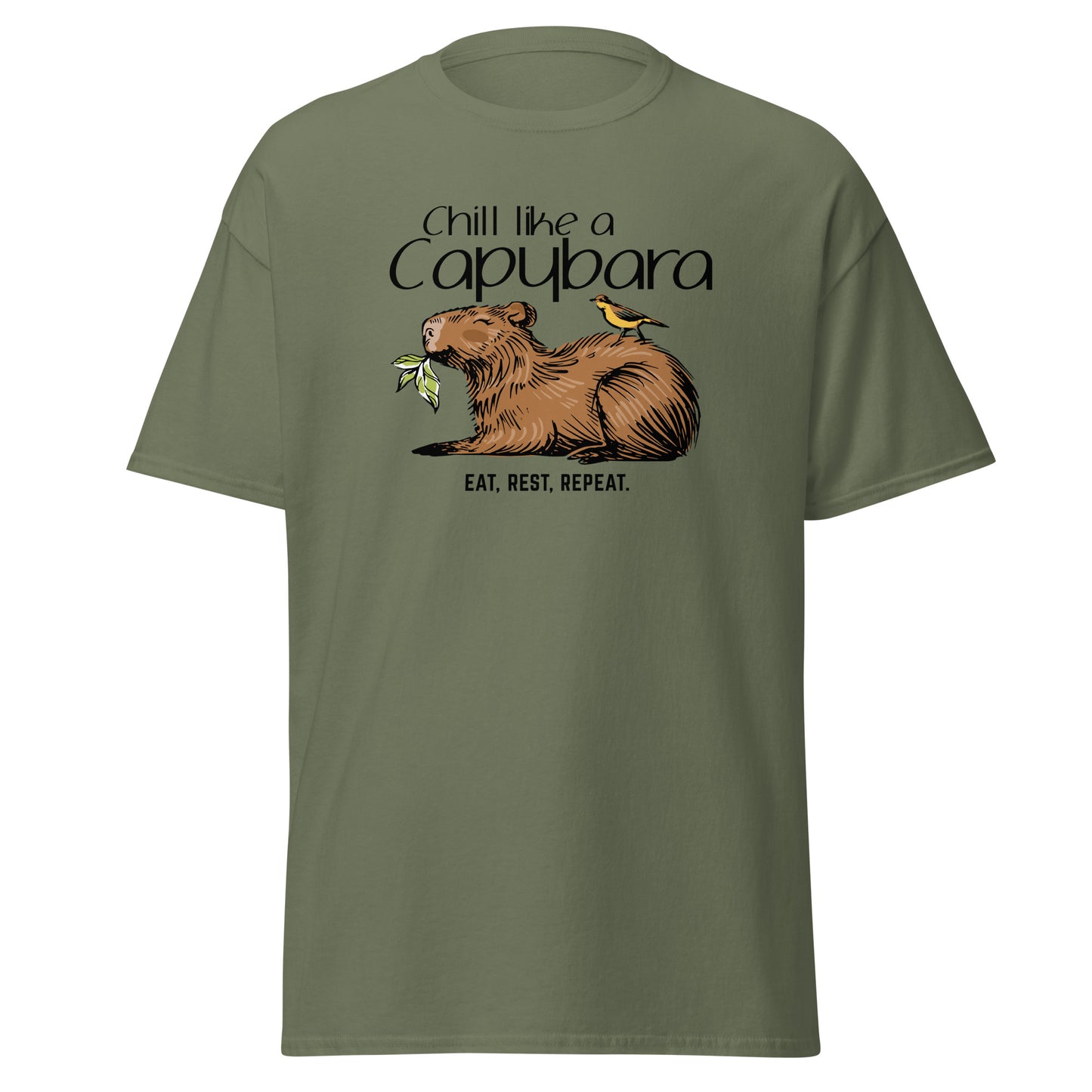 Chill Like A Capybara T-Shirt by FunnyDripStore: White tee with a relaxed capybara and bird eating a leaf, captioned “Chill like a Capybara” above and “Eat, rest, repeat” below. Perfect funny shirt for laid-back meme lovers!.