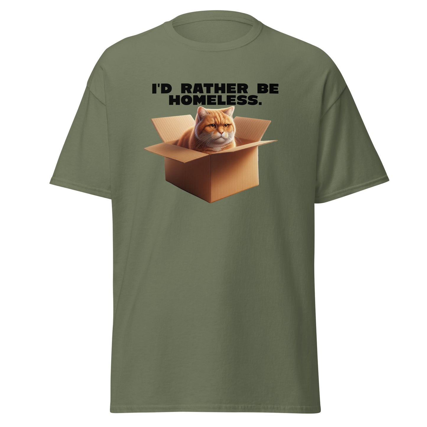 The Id Rather Be Homeless T-Shirt by FunnyDripStore features a grumpy orange cat in a box on a gold tee—perfect quirky merch for cat lovers and fans of clever text shirts.