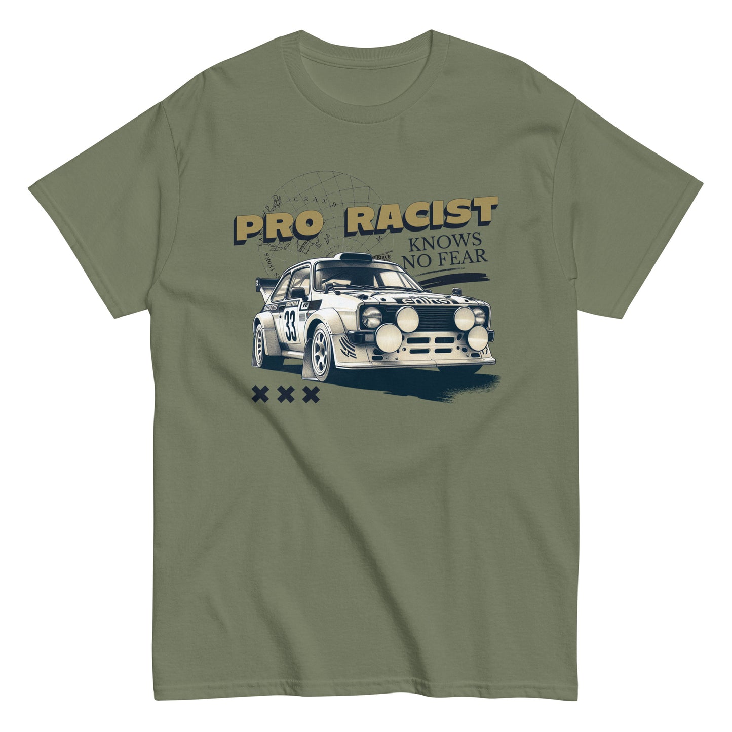 The Pro Racist T-Shirt by FunnyDripStore in charcoal features a rally car with number 33, the text PRO RACIST KNOWS NO FEAR, and three X symbols—an ideal bold graphic tee for motorsport fans.
