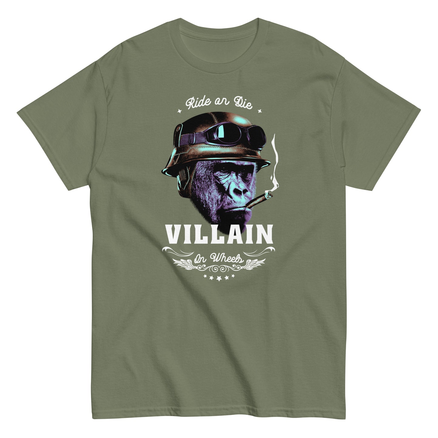 The Villain T-Shirt by FunnyDripStore features a gorilla in a helmet and goggles, smoking a cigarette, with Ride or Die above and Villain on Wheels below. This bold black tee is perfect for fans of unique, funny clothing.