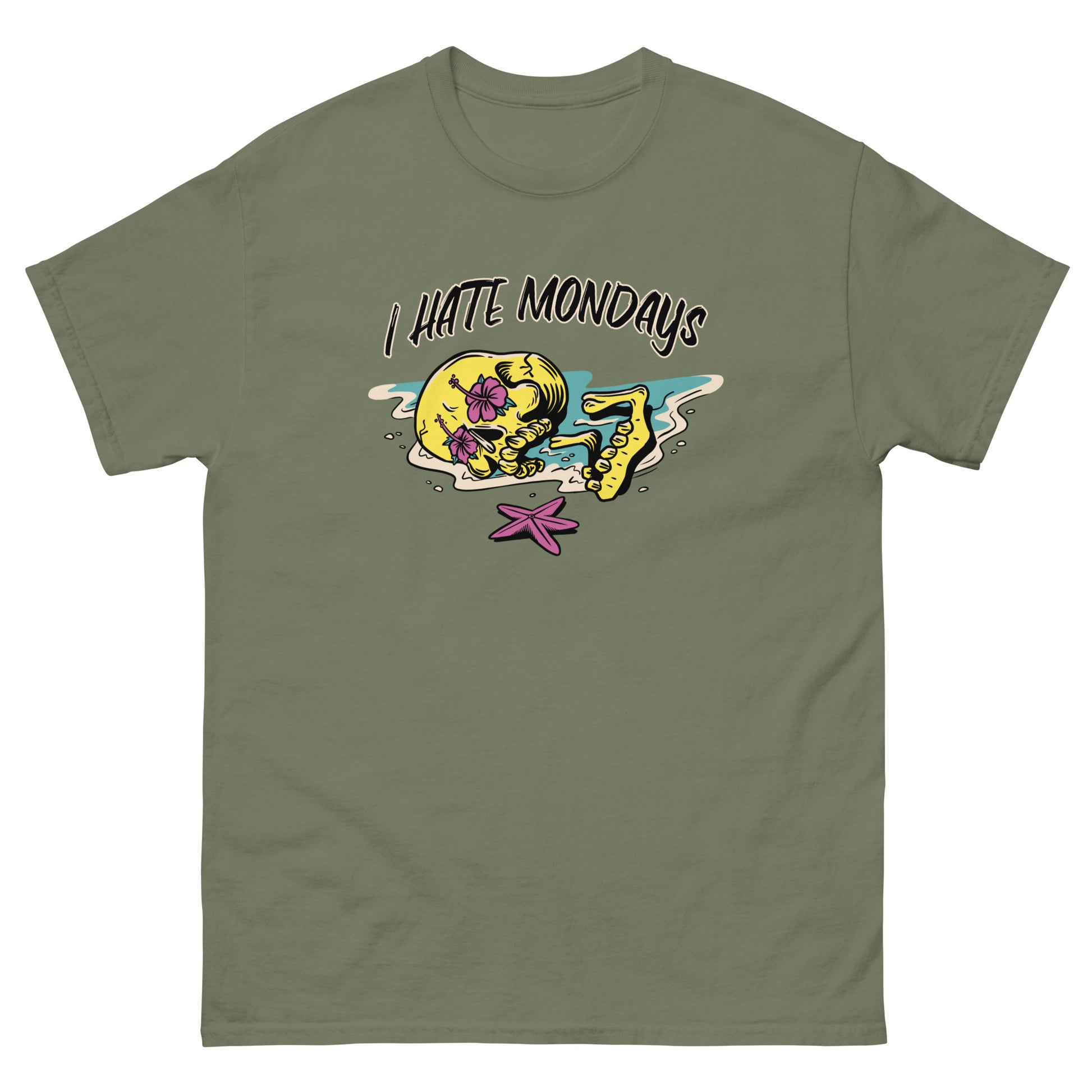 The FunnyDripStore I Hate Mondays T-Shirt in white features a cartoon skeleton lounging on the beach with sunglasses, drink, and starfish, plus bold I HATE MONDAYS text—a perfect funny merch gift.