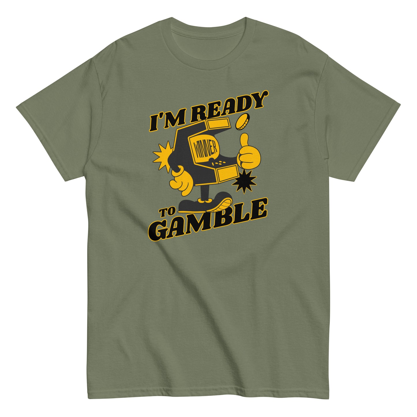 The Im Ready To Gamble T-Shirt by FunnyDripStore comes in gold and features a cartoon slot machine giving a thumbs up with coins, stars, and bold IM READY TO GAMBLE text—perfect for fans of unique and funny clothing.