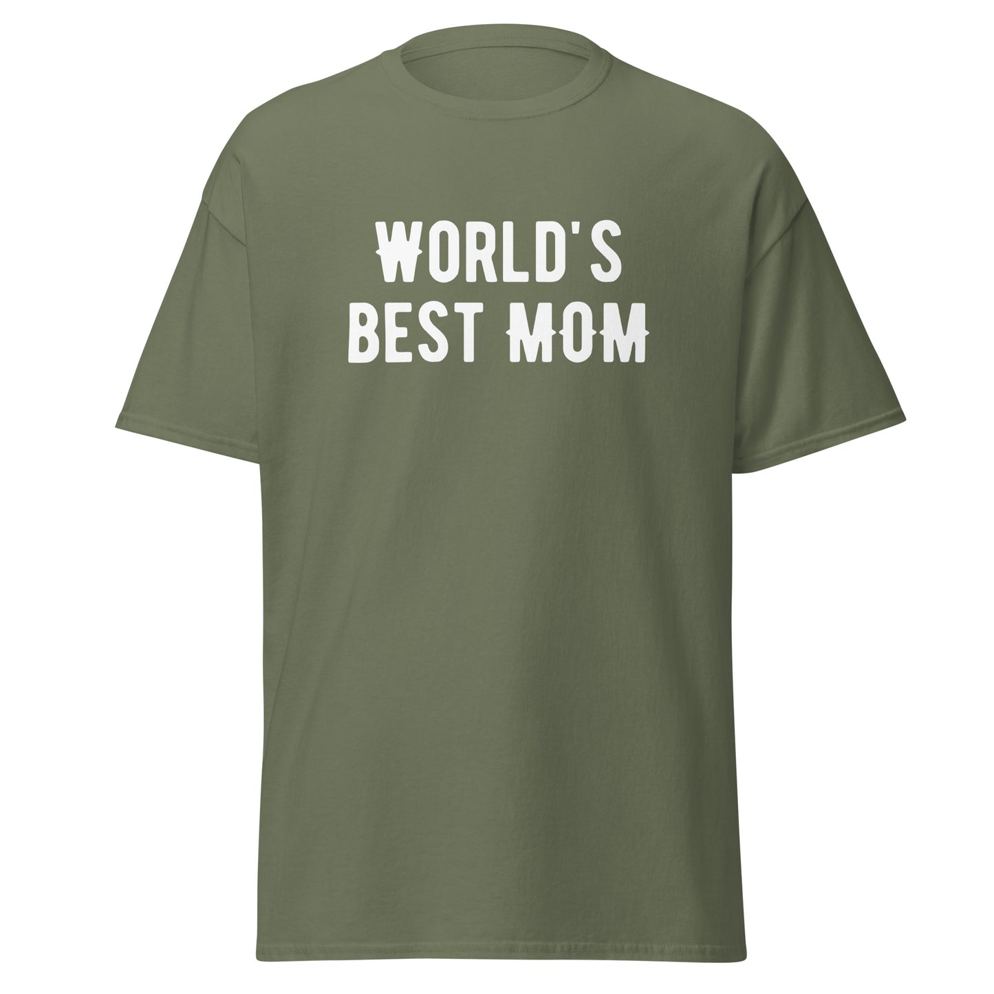 The FunnyDripStore Worlds Best Mom T-Shirt in cardinal features bold white lettering—ideal funny merch for those seeking meme-style or humorous clothing for moms.