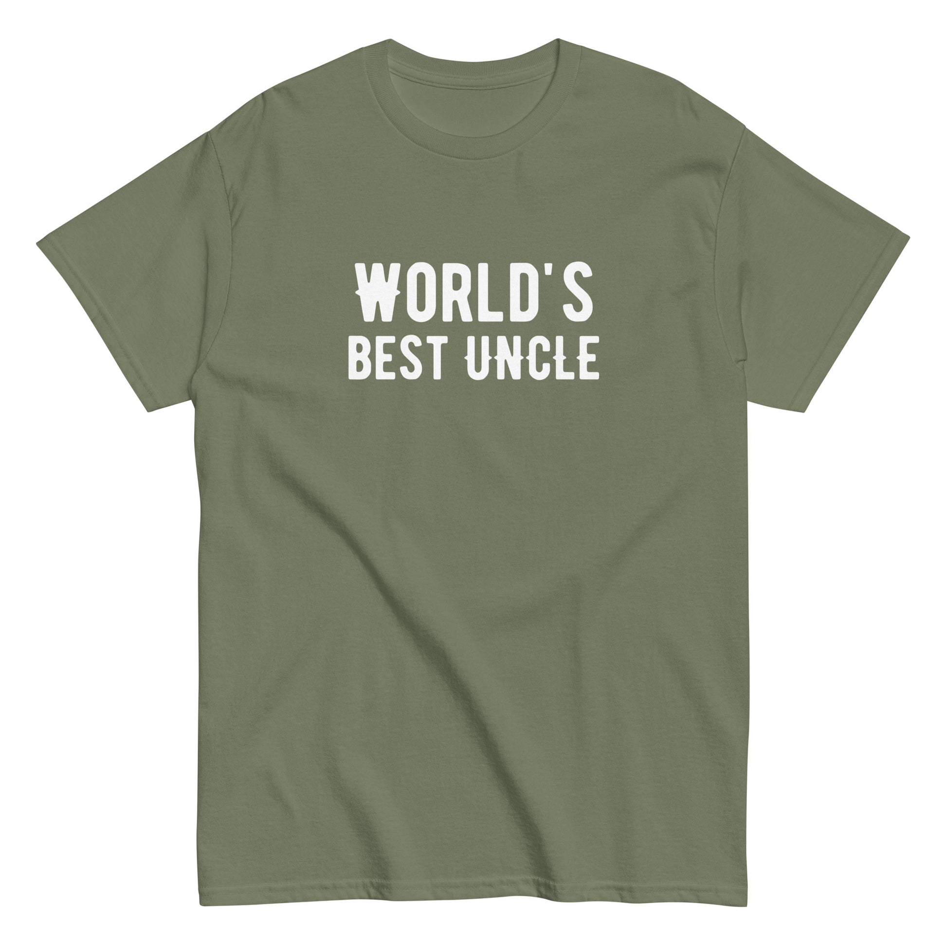 The Worlds Best Uncle T-Shirt by FunnyDripStore is a charcoal tee with bold white text—funny merch thats a perfect gift for your favorite uncle.