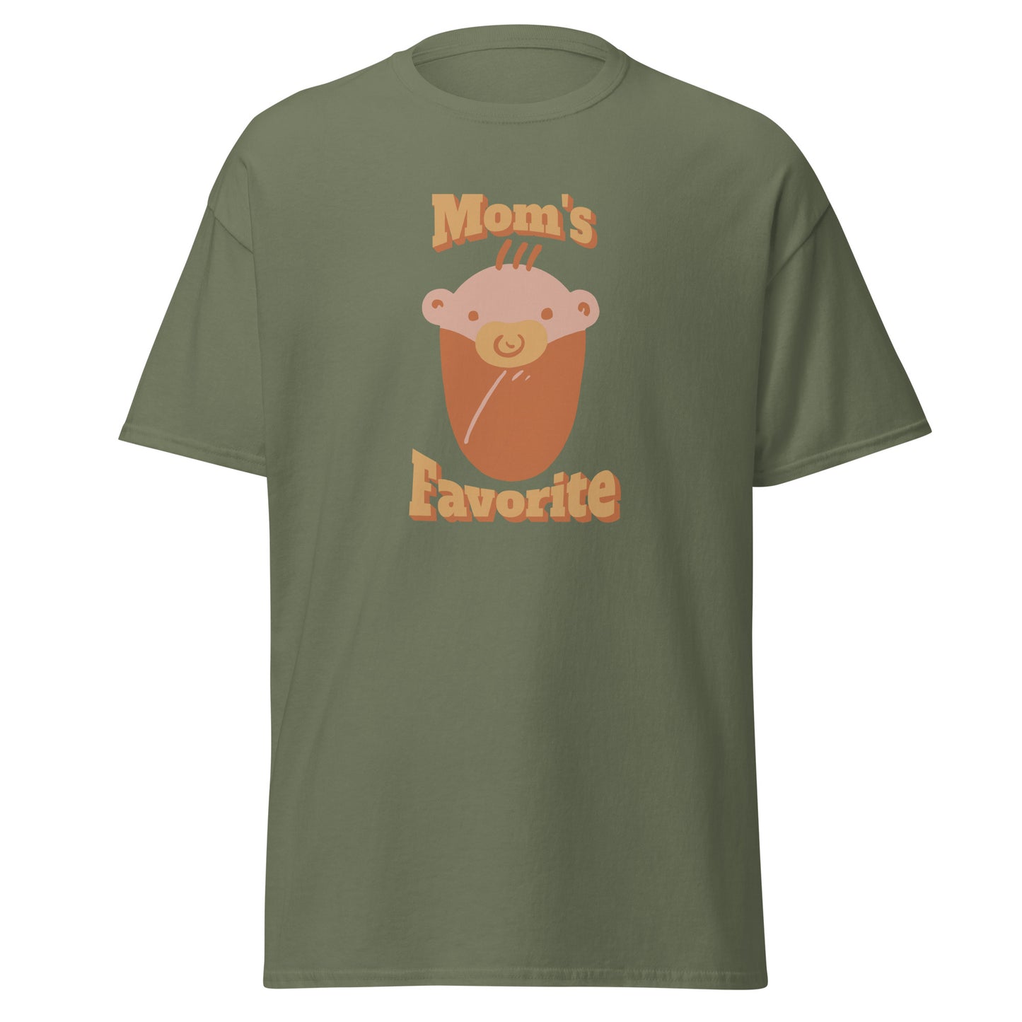 FunnyDripStore’s Moms Favorite T-Shirt in black features a cartoon baby face with a pacifier and “Moms Favorite” text in light brown—a playful, funny tee perfect for anyone who loves to show off their sense of humor!.