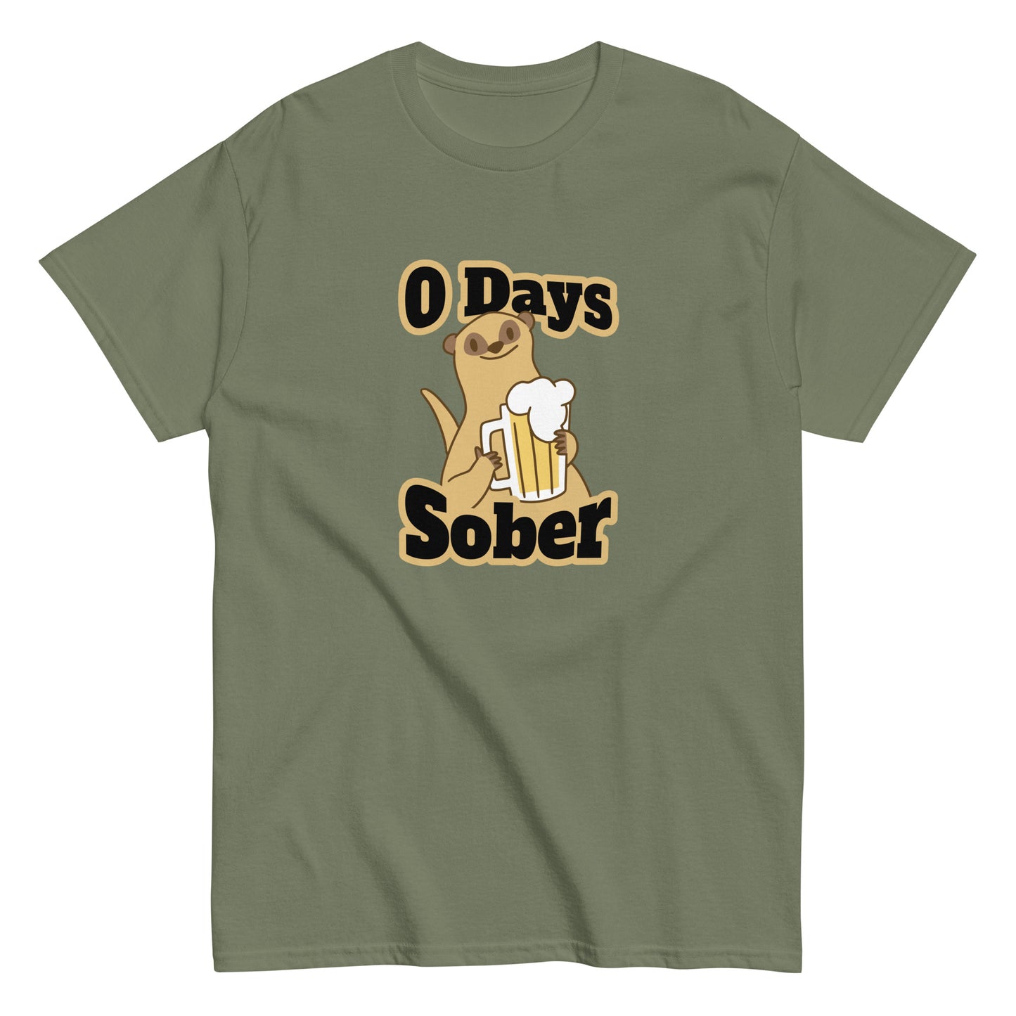 The 0 Days Sober T-Shirt by FunnyDripStore features a cartoon meerkat with a beer mug and bold 0 Days Sober text, printed on a navy shirt—ideal quirky, funny clothing for fans of humorous style.
