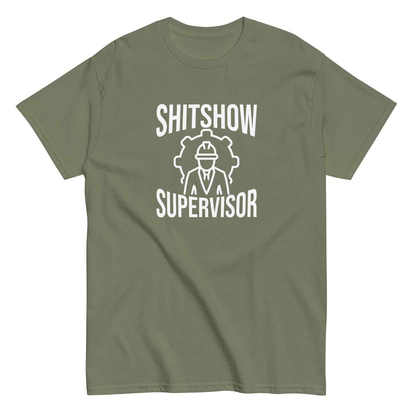 The Shitshow Supervisor T-Shirt by FunnyDripStore features “SHITSHOW SUPERVISOR” in white and a supervisor line drawing—perfect funny merch for meme lovers seeking humor tees.