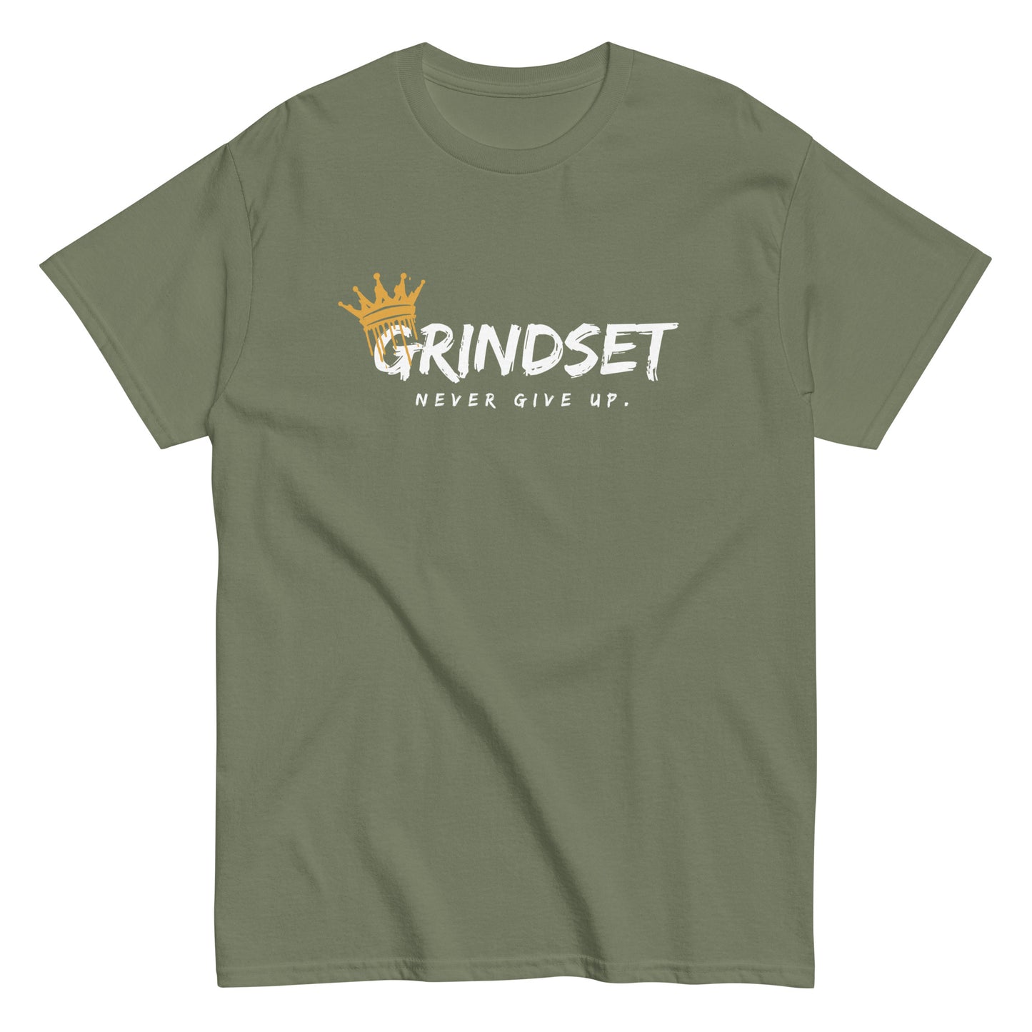 The Grindset T-Shirt by FunnyDripStore is a purple tee featuring GRINDSET in bold white letters with a gold crown over the G, and NEVER GIVE UP. below—ideal for fans of clever text shirts.