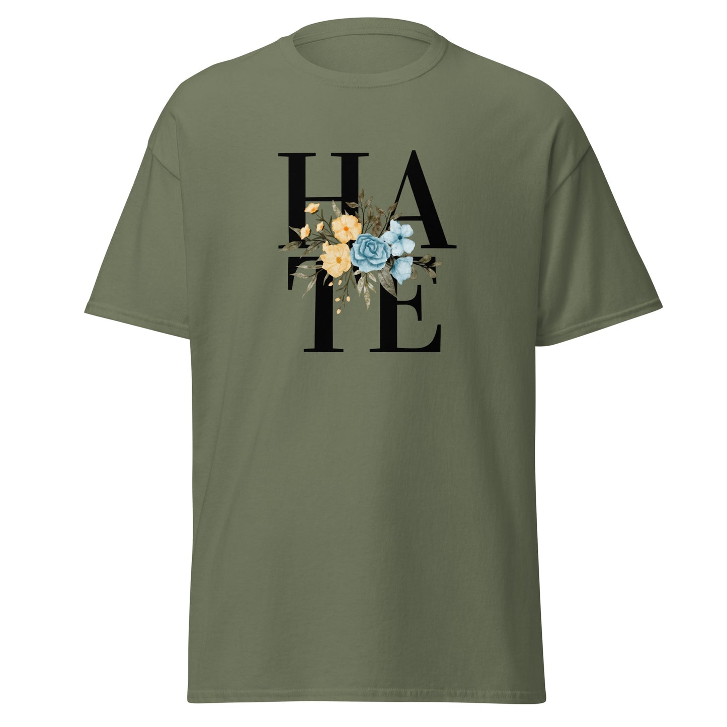 The Hate T-Shirt by FunnyDripStore features HATE in bold black text on white, overlaid with yellow and blue flowers plus green leaves—a unique, funny shirt designed to spark conversation.