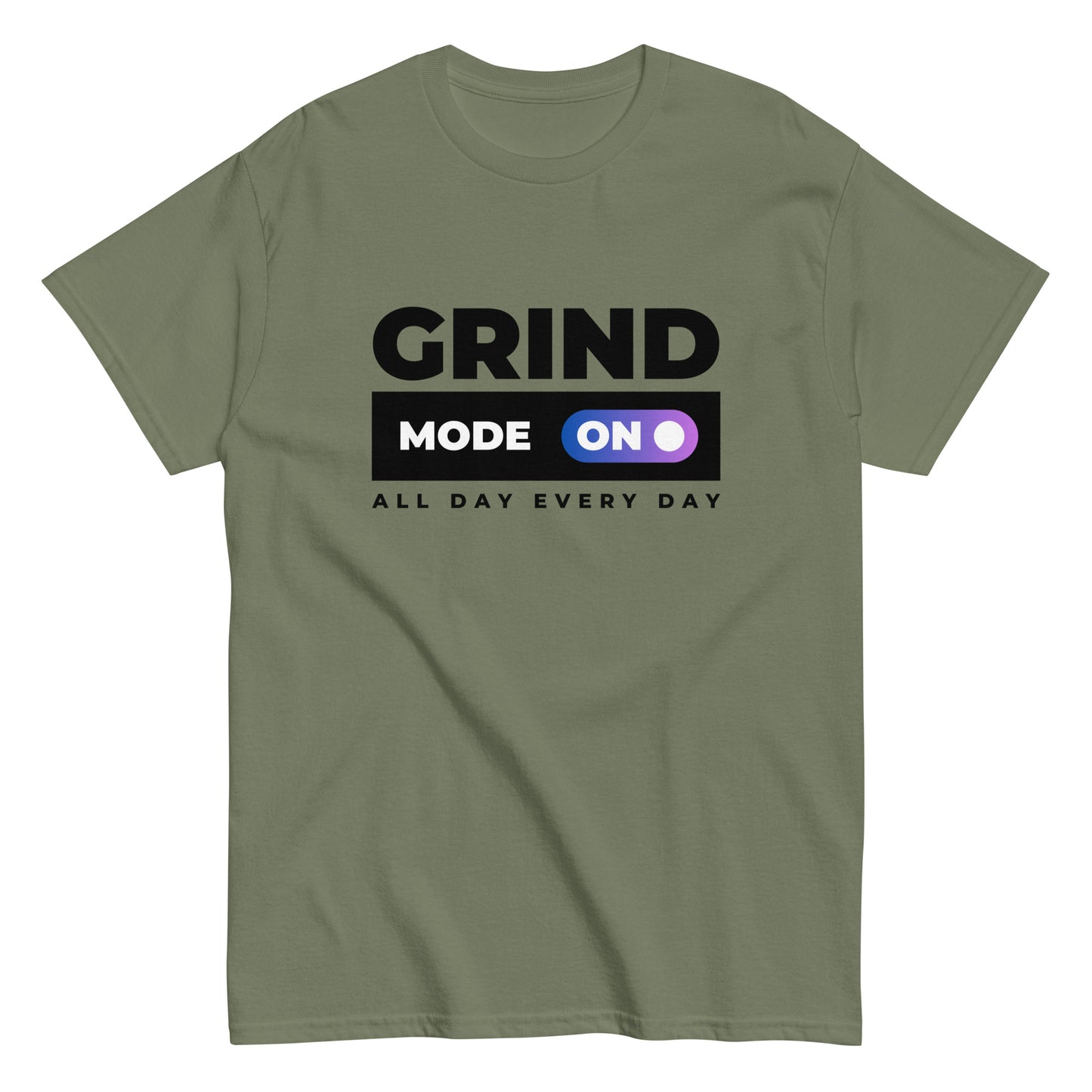The Grind Mode On T-Shirt by FunnyDripStore features bold black GRIND MODE text with a purple ON switch icon on white. Below, ALL DAY EVERY DAY appears in smaller black text—a fun pick for nonstop hustlers.